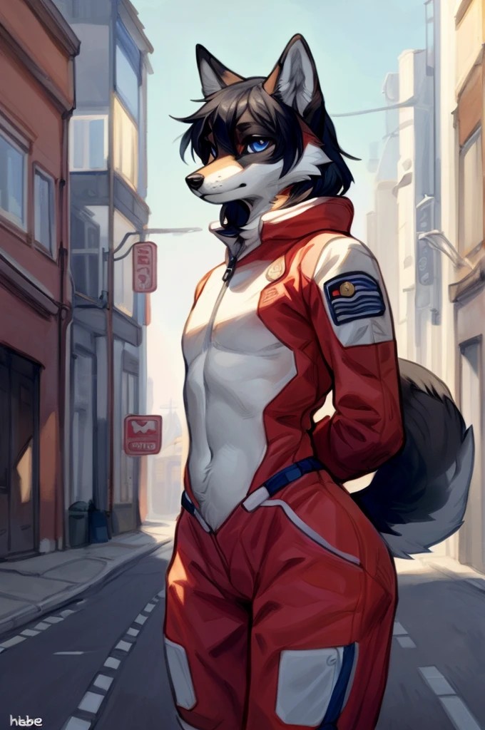 Solo, male, eyelashes, girly, femboy, eyeliner, lips, red military spacesuit, by bebebebebe, hair, street, dalmatian, black lip gloss, short white hair, small waist, wide hips