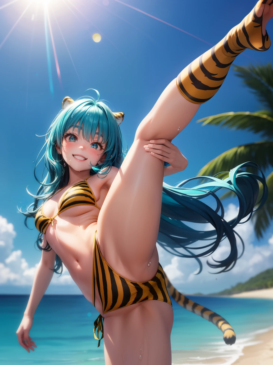 The girl is a tiger beastman。Yellow tiger eye、Beautiful Face、yellow skin、Beautiful Skin、smile、tiger print bikini、Tiger print hair、smallest、Chibi、