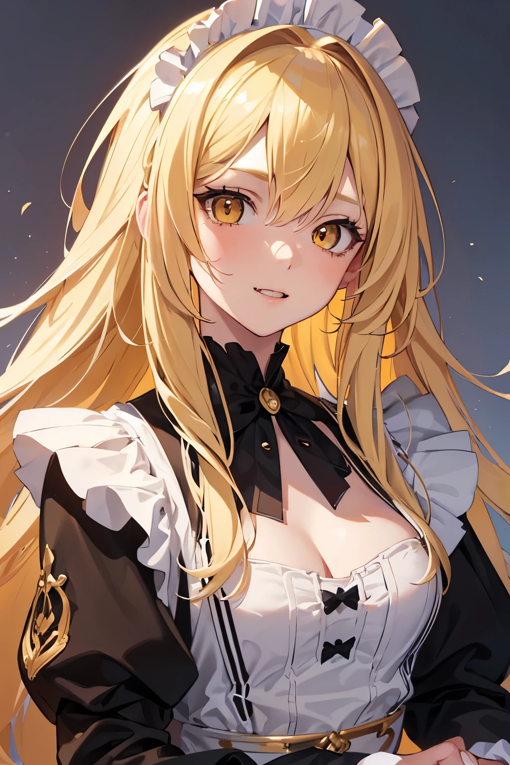 masterpiece, best quality, 1girl, blonde hair, smile, fang, yellow eyes, long hair, messy hair, mugshot, small breasts, upper body, maid outfit, mature, mature face, empty background, detailed eyes, detailed facial features, realistic and high resolution (best quality, 4k, 8k, highres, masterpiece:1.2)