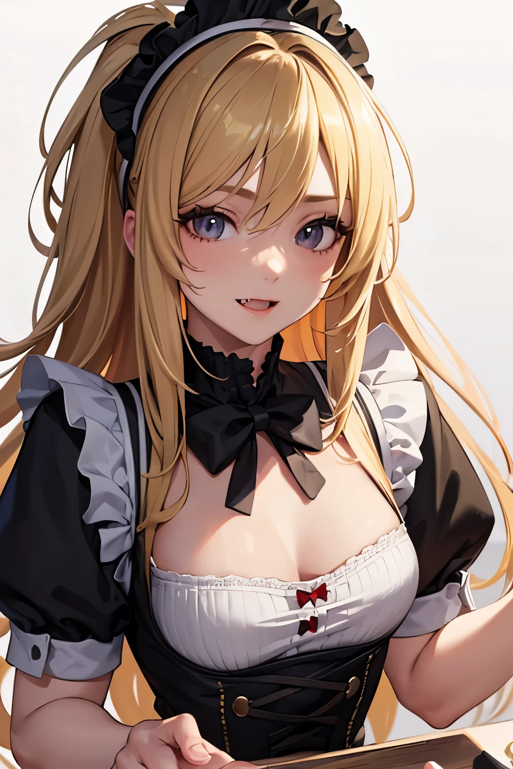 masterpiece, best quality, 1girl, blonde hair, smile, fang, long hair, messy hair, mugshot, small breasts, upper body, maid outfit, mature, mature face, empty background, detailed eyes, detailed facial features, realistic and high resolution (best quality, 4k, 8k, highres, masterpiece:1.2), 