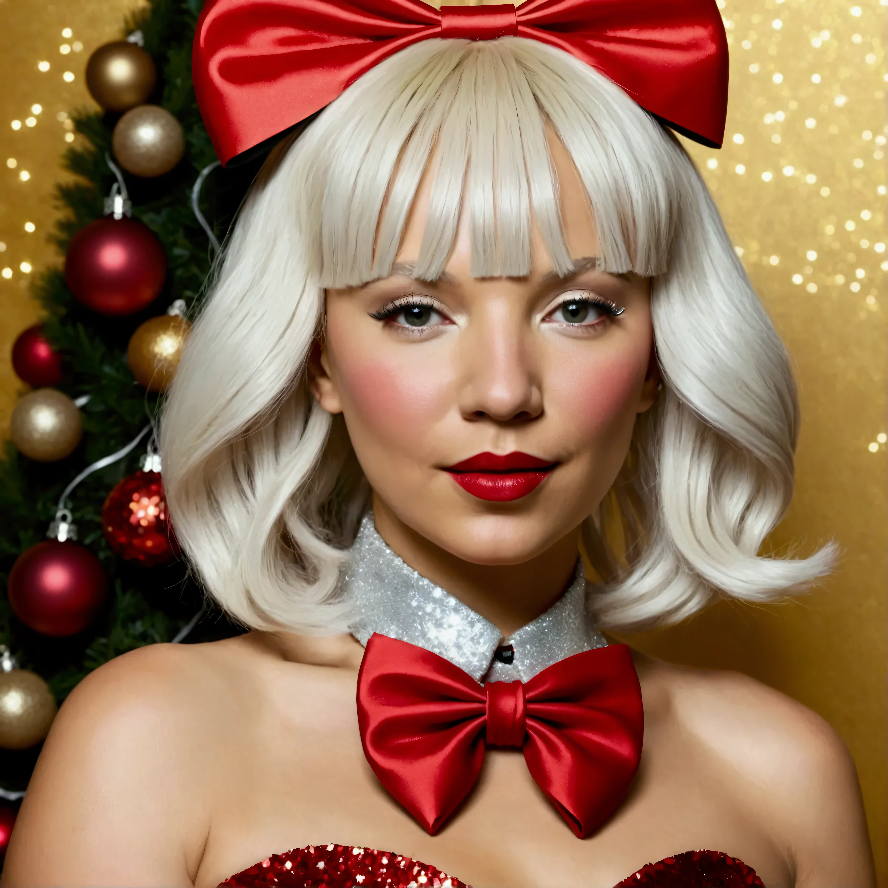 (photorealism:1.2), ultra high-definition, hyper-realistic close-up portrait of Sia, wearing a bold, oversized red and white bow tied around her platinum blonde hair, with a sleek, fitted red dress featuring silver glitter accents. Her iconic half-covered face adds mystery, and her bold holiday makeup, including a striking red lip, enhances the festive vibe. In the background, twinkling Christmas lights and colorful ornaments create a playful, glamorous holiday atmosphere. The contrast of her platinum blonde hair with the vibrant red dress and bow creates a dynamic, festive look, capturing her unique, artistic style in stunning detail.