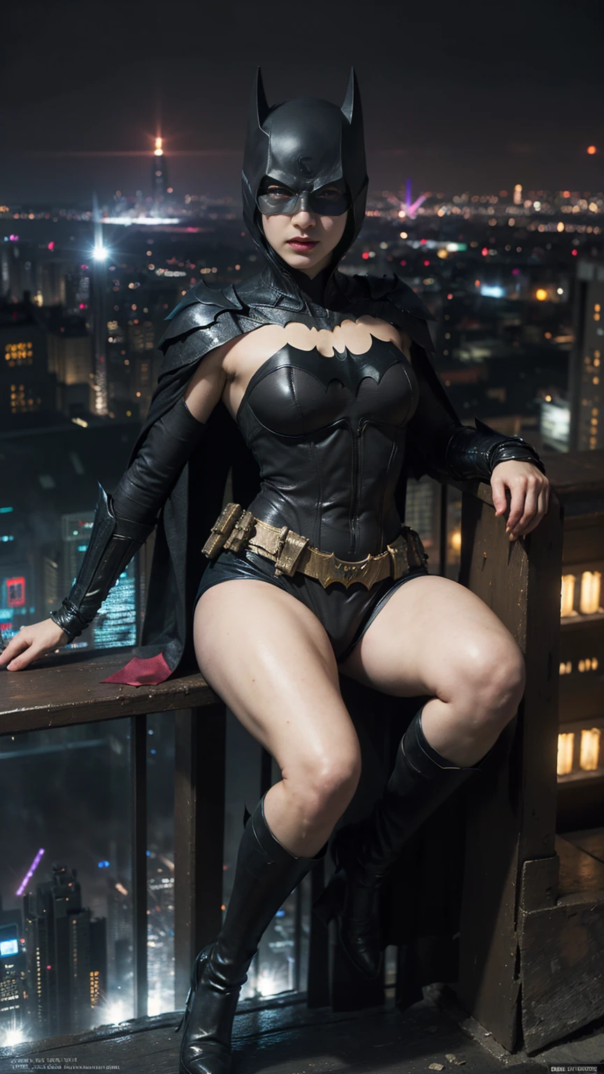 ((masterpiece, highest quality, High resolution, Realistic, to be born, 8k wallpaper)),standing in bikini style, (whole body facing forward),A threatening posture with the body facing the camera, Very hot and sexy, Amazing beauty, Perfect balance, Beautiful body, Slim body beauty: 1.4), Batman standing on a rooftop overlooking the city skyline at night, Gotham city background, nighttime in Gotham city, Gotham city, From the movie Batman, Gotham city double exposure, Gotham city style, Batman film still, metropolis filmic Gotham city, Cyberpunk Batman, The beauty of the Batman movies, Batman movies are full of atmosphere, Gotham setting, Batman, Gotham,