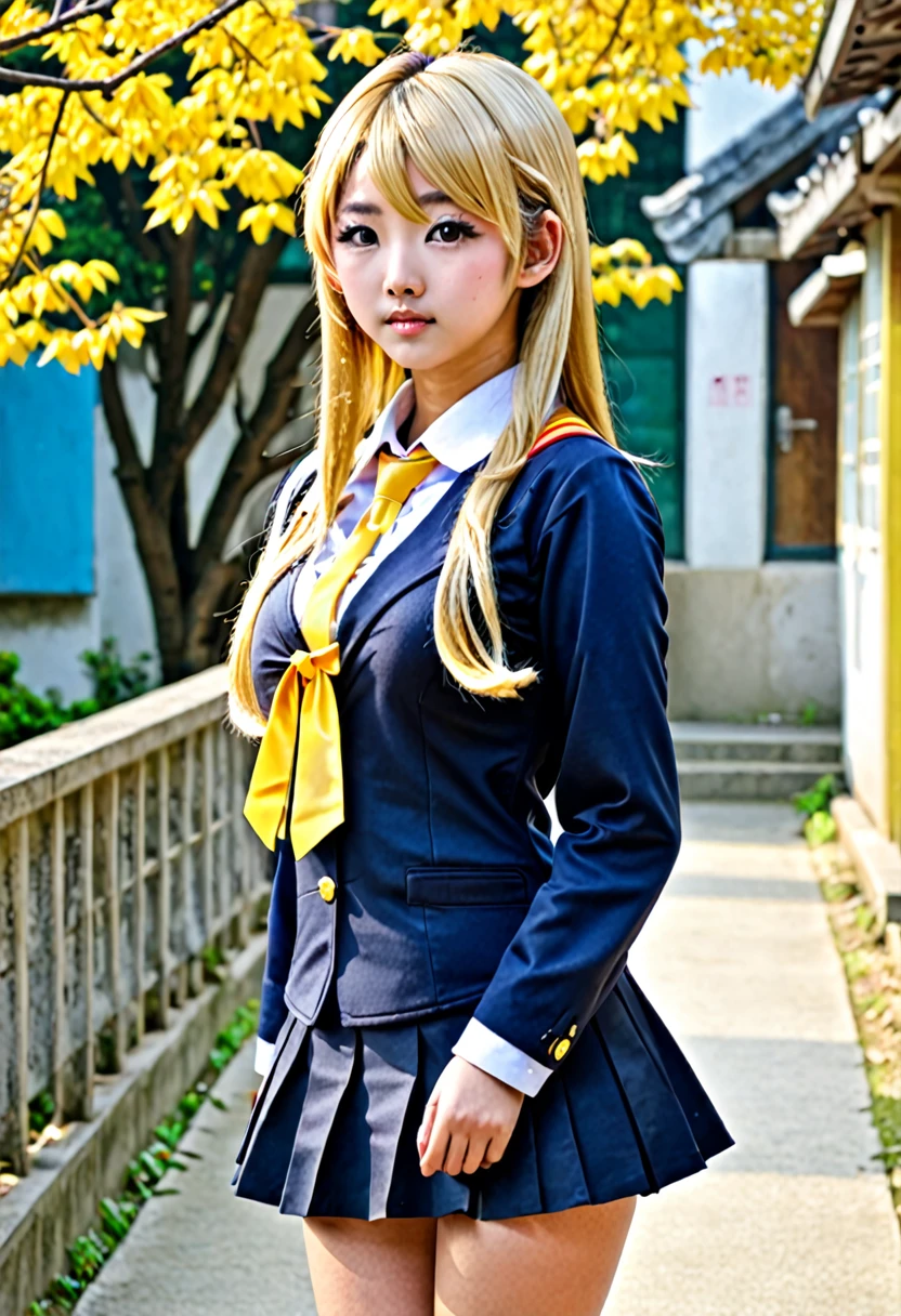 A  Asian schoolgirl , overdeveloped body with large, round breasts and a large heart-shaped butt , asian schoolgirl uniform, Korean high school uniform,long hair blonde girl, long hair down to the lower back, Blonde hair gold , golden eyes , golden yellow eyes  