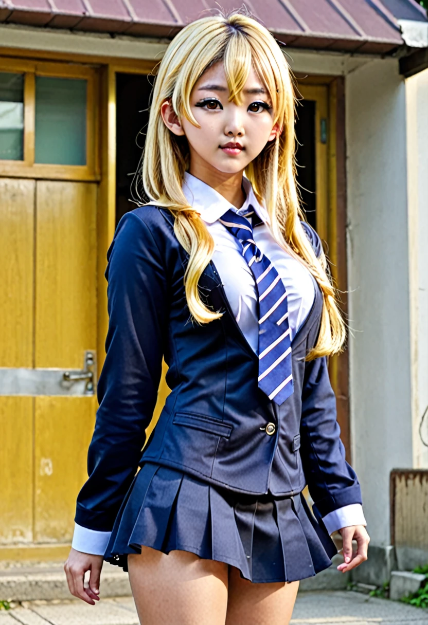 A  Asian schoolgirl , overdeveloped body with large, round breasts and a large heart-shaped butt , asian schoolgirl uniform, Korean high school uniform,long hair blonde girl, long hair down to the lower back, Blonde hair gold , golden eyes , golden yellow eyes  