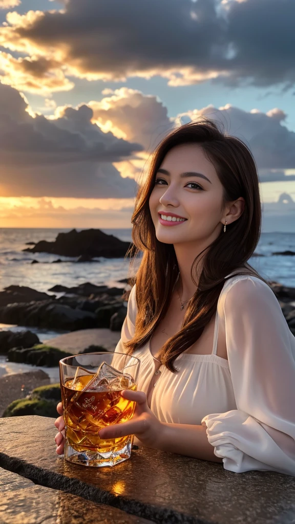 (Realistic, 超Realistic:1.4), 16K HDR, High resolution,((Whiskey Glass)),((Whiskey Bottle)),((Whiskey Glass)),Happy smile、Long Straight Hair,The best smile、Big Breast, (It looks like the real thing),Evening Dresses,Cocktail Dresses、Whiskey Bottle、The Macallan、Johnnie Walker、、Old Parr、whiskey、Slim couple、Model Couple、(Realistic, Intricate details:1.2), Single Malt、Scotch、Rock Glass、Shot Glasses、coce on the Rock、Scotland、Amazing view of the sunset sky and clouds、,digital SLR camera, Soft Lighting, Detailed Background, Volumetric Lighting, Sharp focus, super Realistic 肌,It&#39;s such a beautiful expression.,Cloud Effect:1.2、Professional quality High resolution、Best Quality,Slim figure,High quality face,Detailed eyes,Beautiful Lips,Excellent light particles,Cinema Lighting