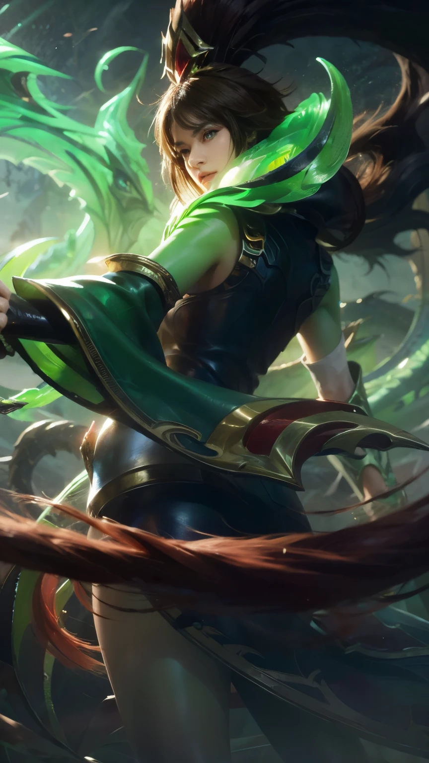 a cool girl with long brown hair, beautiful detailed eyes, beautiful detailed lips, extremely detailed face, longeyelashes, holding a large green light dragon-shaped sword, dramatic lighting, fantasy style, rich detailed background, ethereal atmosphere, cinematic, epic scale, high quality, 8k, hyper detailed, masterpiece