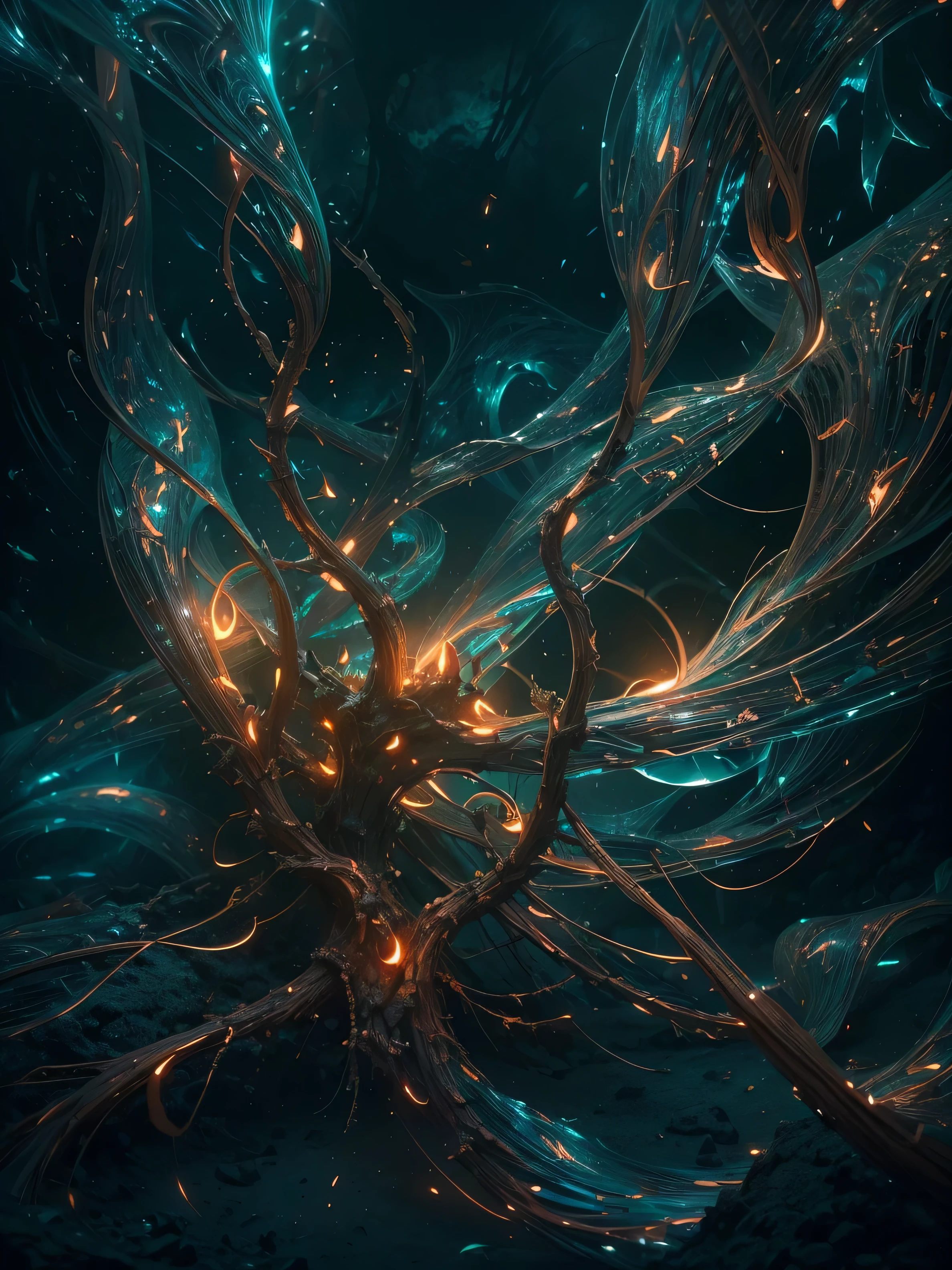 (((Masterpiece))), Best Quality, High-resolution photograph, realistic perspective, Create an abstract piece of art inspired by the quote "The wound is the place where the light enters you" by Rumi. The artwork should focus on the concept of bioluminescence to symbolize the light entering through the wound. Use glowing, organic shapes and soft, fluid forms to represent both the pain (wound) and the healing (light). The light should emerge from dark, shadowy areas, illuminating the composition in a way that feels both ethereal and transformative. Incorporate a sense of movement that implies growth or change, as if life is blooming from the darkness. (extremely intricate:1.3), 4k, 8k