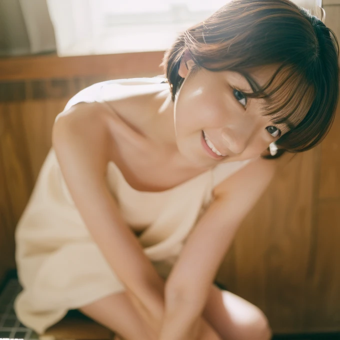 (masterpiece),(4K),(detailed photo),(high quality photo),perfect anatomy,A portrait of a Japanese idol female,teenager,no makeup ,in a minimalist setting,wearing loose-fitting bathrobe on naked body , legs crossed, large format film, soft atmosphere、(((小さい胸)))、(((平らな胸))),short hair,open mouth,close to viewer 、大きく口を開ける、顎を上げる、おじさんの大きくなってるよw