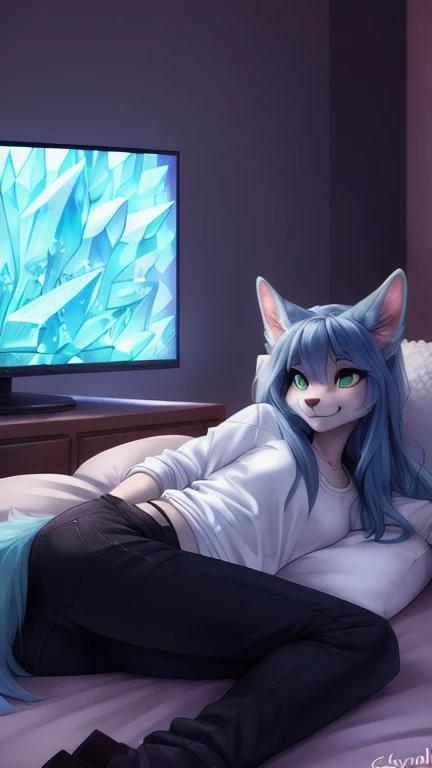 score_9,score_8_up,score_7_up, sierra, a young nerdy Anthro furry wolf woman, white furry body, tall, long black messy hair, hair covering one eye, black thick rimmed glasses, long black hair, blue eyes, small breasts, white wolf tail, wearing red tshirt, black panties,sitting on a couch, leaning back, holding a ps5 gaming controller with both hands, looking at a tv screen, mouth open, eyes half open, in a messy bedroom, 