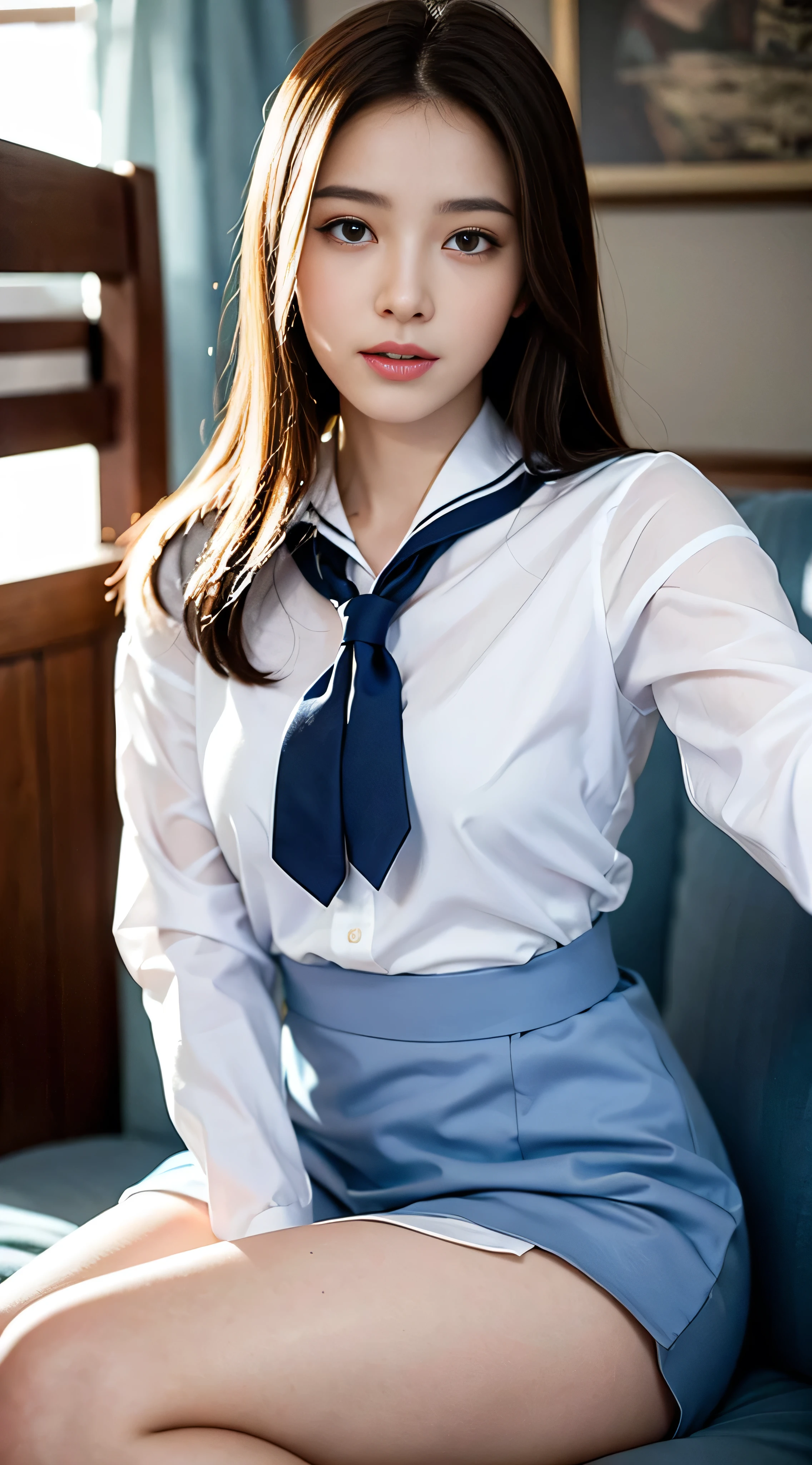 With high definition images，8k, Best Quality, masterpiece, Ultra-high resolution,A sailor suit with a red tie and navy blue top and bottom (realism: 1.4), Original photo, (Realistic Skin Textures: 1.3), (Film Grain: 1.3), (Facial details) 1 girl, 美しい目とFacial details, masterpiece, Best Quality,White satin shirt and navy blue sailor suit, The tie is red、Full body high quality images, The background watching the viewers is in front of the school gate.