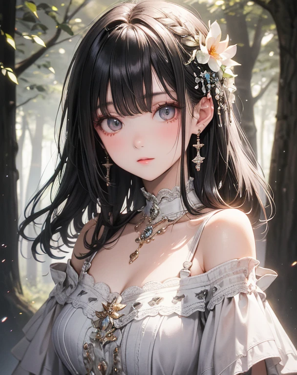 masterpiece, Please redeem, Ultra-high resolution, Fluorescent color, Beautiful woman, Watching the audience, Beautiful Face, Beautiful Eyes, (Off the shoulder: 1.2), Please lift your head, Upper Body, forest, Shiny Hair, Glowing Skin, Shining cut,