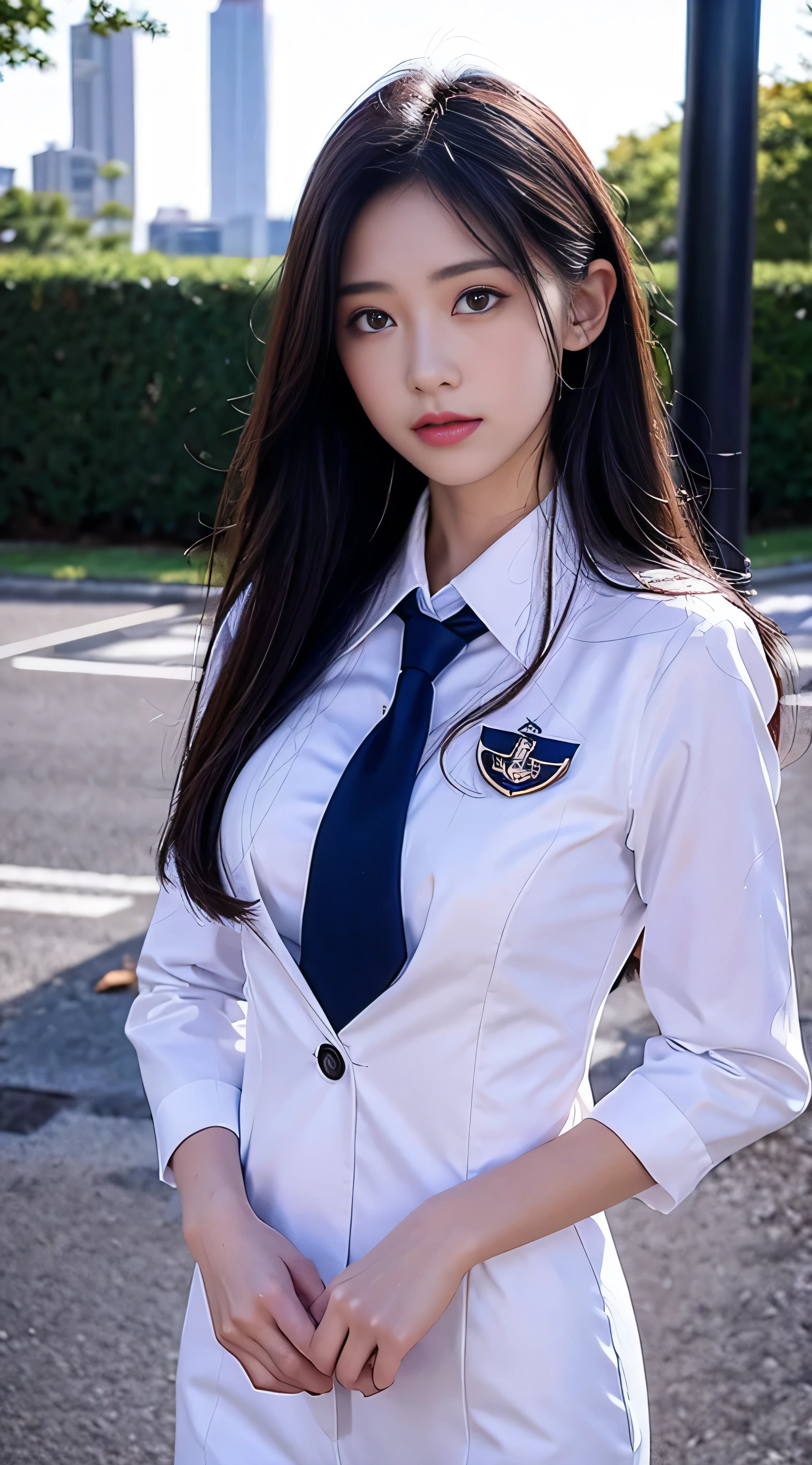 With high definition images，8k, Best Quality, masterpiece, Ultra-high resolution,（A sailor suit with a red tie and navy blue top and bottom） (Navy blue sailor suit: 1.4), Original photo, (Realistic Skin Textures: 1.3), (Film Grain: 1.3), (Facial details) 1 girl, 美しい目とFacial details, masterpiece, Best Quality,White satin shirt and navy blue sailor suit, The tie is red、Full body high quality images, The background looking at the viewer is in front of a black school gate.