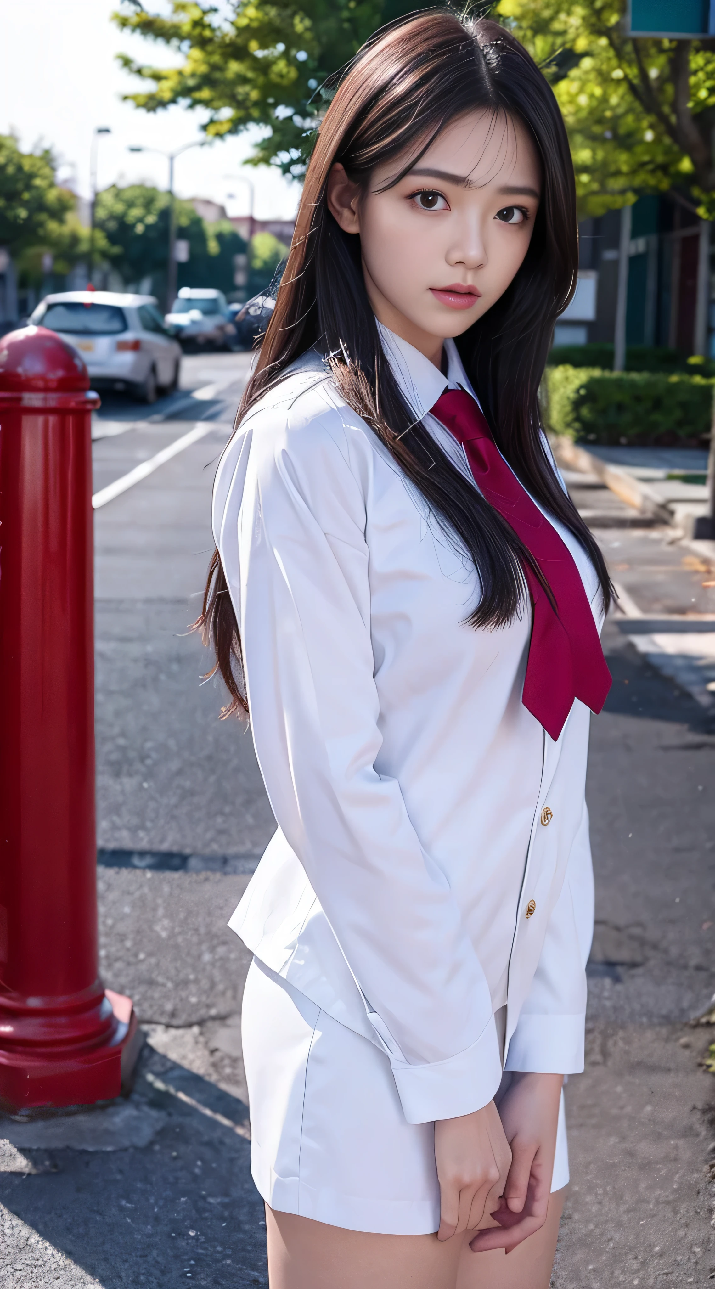 With high definition images，8k, Best Quality, masterpiece, Ultra-high resolution,A sailor suit with a red tie and navy blue top and bottom (realism: 1.4), Original photo, (Realistic Skin Textures: 1.3), (Film Grain: 1.3), (Facial details) 1 girl, 美しい目とFacial details, masterpiece, Best Quality,White satin shirt and navy blue sailor suit, The tie is red、Full body high quality images, The background watching the viewers is in front of the school gate.