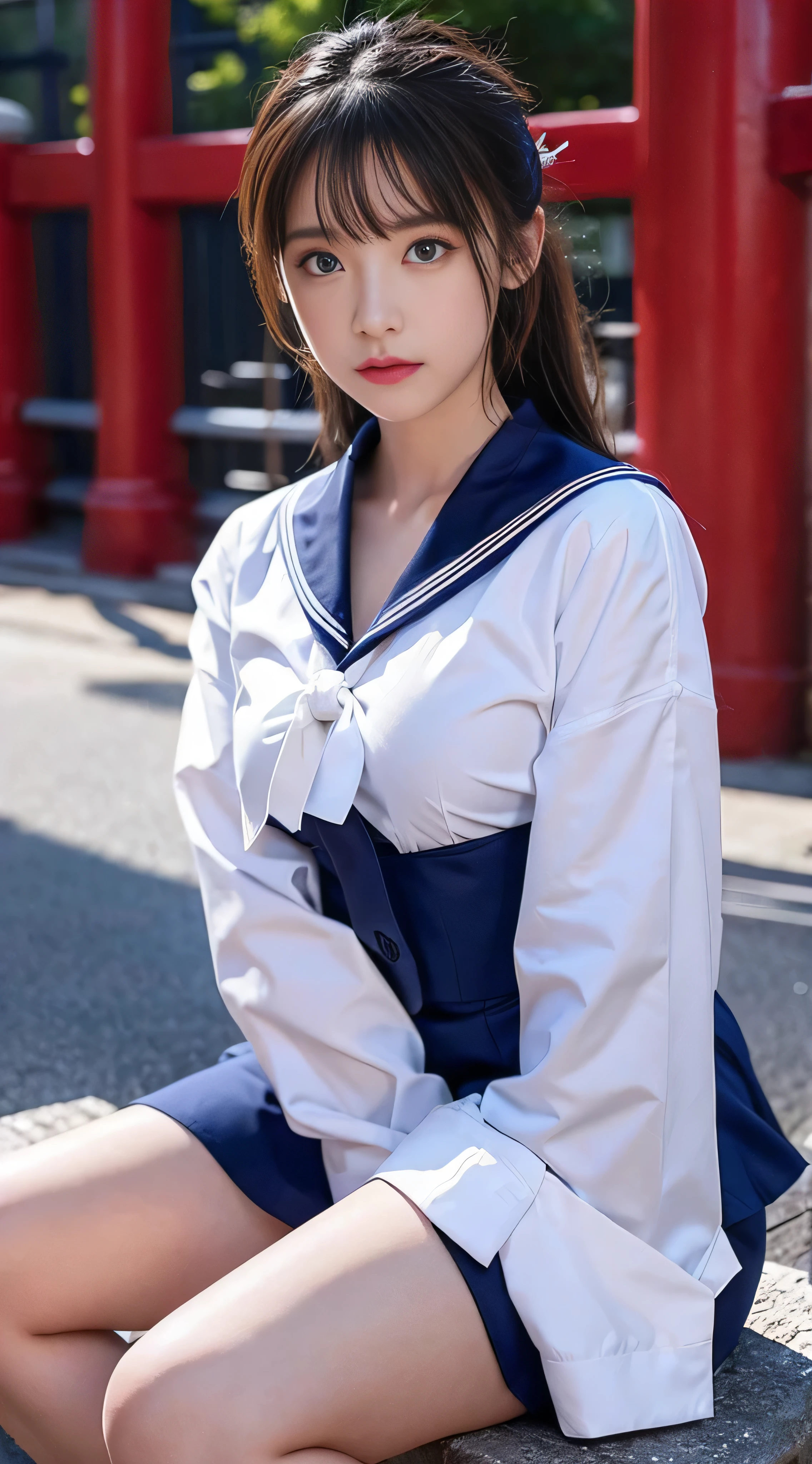 With high definition images，8k, Best Quality, masterpiece, Ultra-high resolution,（A sailor suit with a red tie and navy blue top and bottom） (Navy blue sailor suit: 1.4), Original photo, (Realistic Skin Textures: 1.3), (Film Grain: 1.3), (Facial details) 1 girl, 美しい目とFacial details, masterpiece, Best Quality,White satin shirt and navy blue sailor suit, The tie is red、Full body high quality images, The background looking at the viewer is in front of a black school gate.