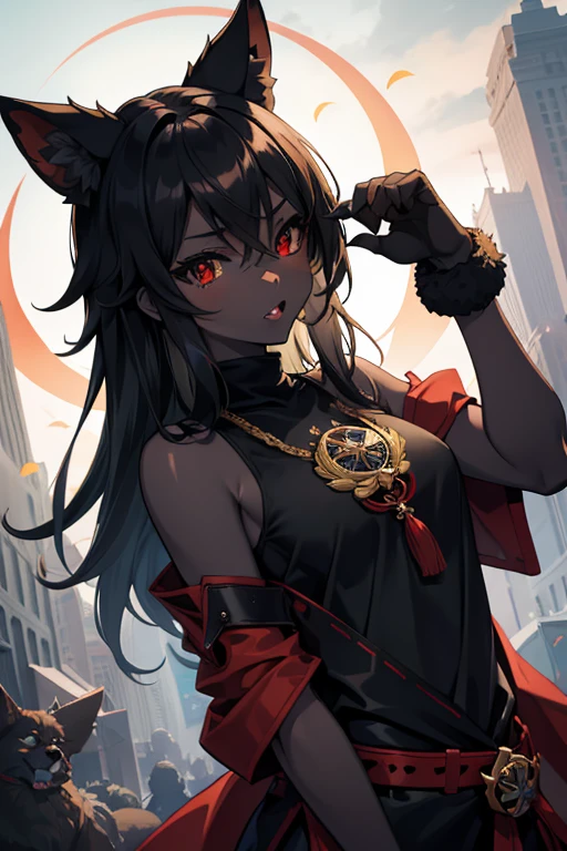 (masterpiece, Best quality), (highres, ultra-detailed), (Absurd, perfect anatomy), outside, lock, 1girl, Alone, hhmge, monster girl, black leather skin, dark skin, gray skin, (Animal hands), Red Eyes, black fur, Hair between the eyes, long hair, Tank top, Hose, tinted, fangs, parted lips, miko_Clothing