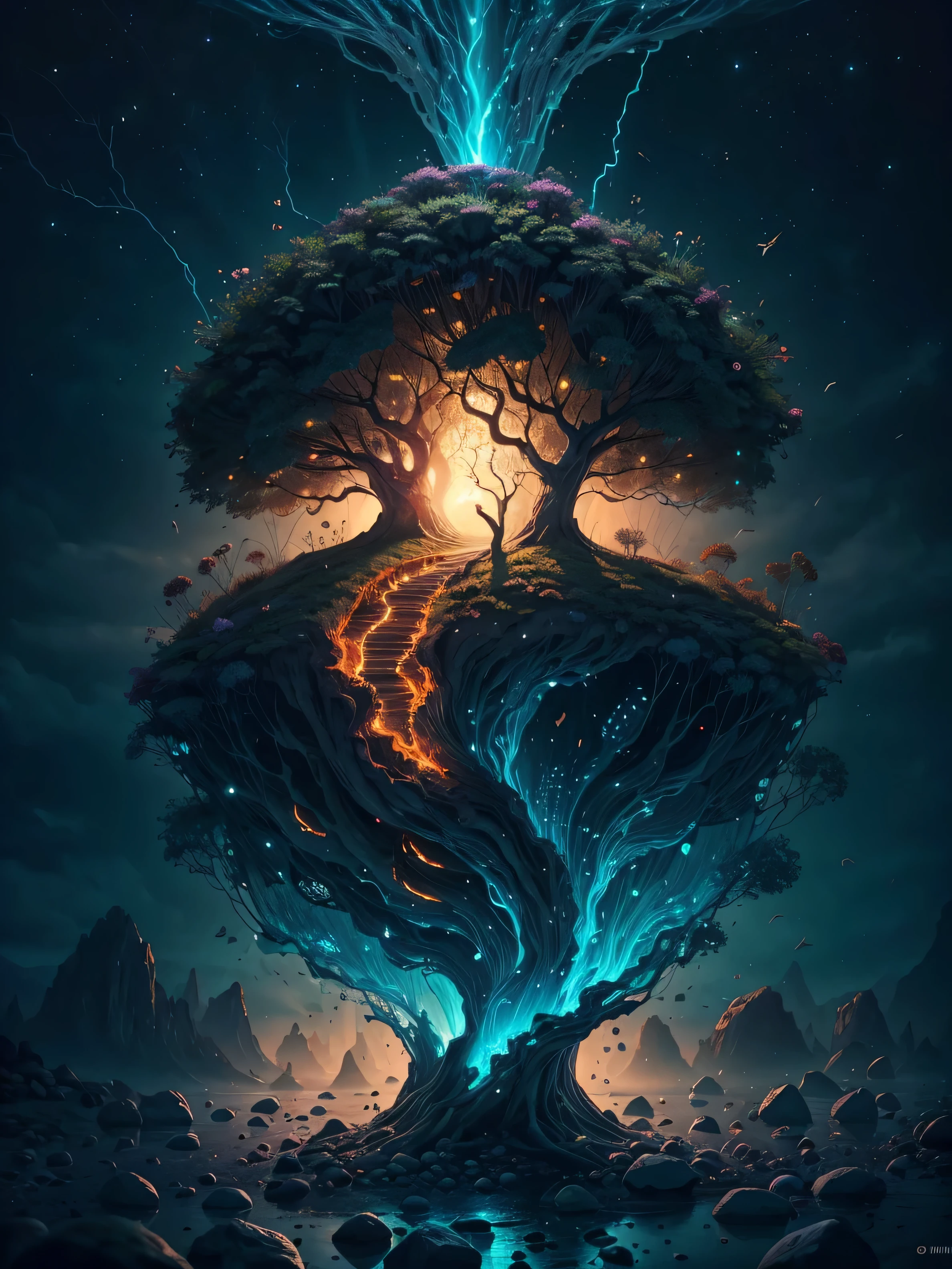 A tree with a lightning effect on it in the middle of a mountain ...