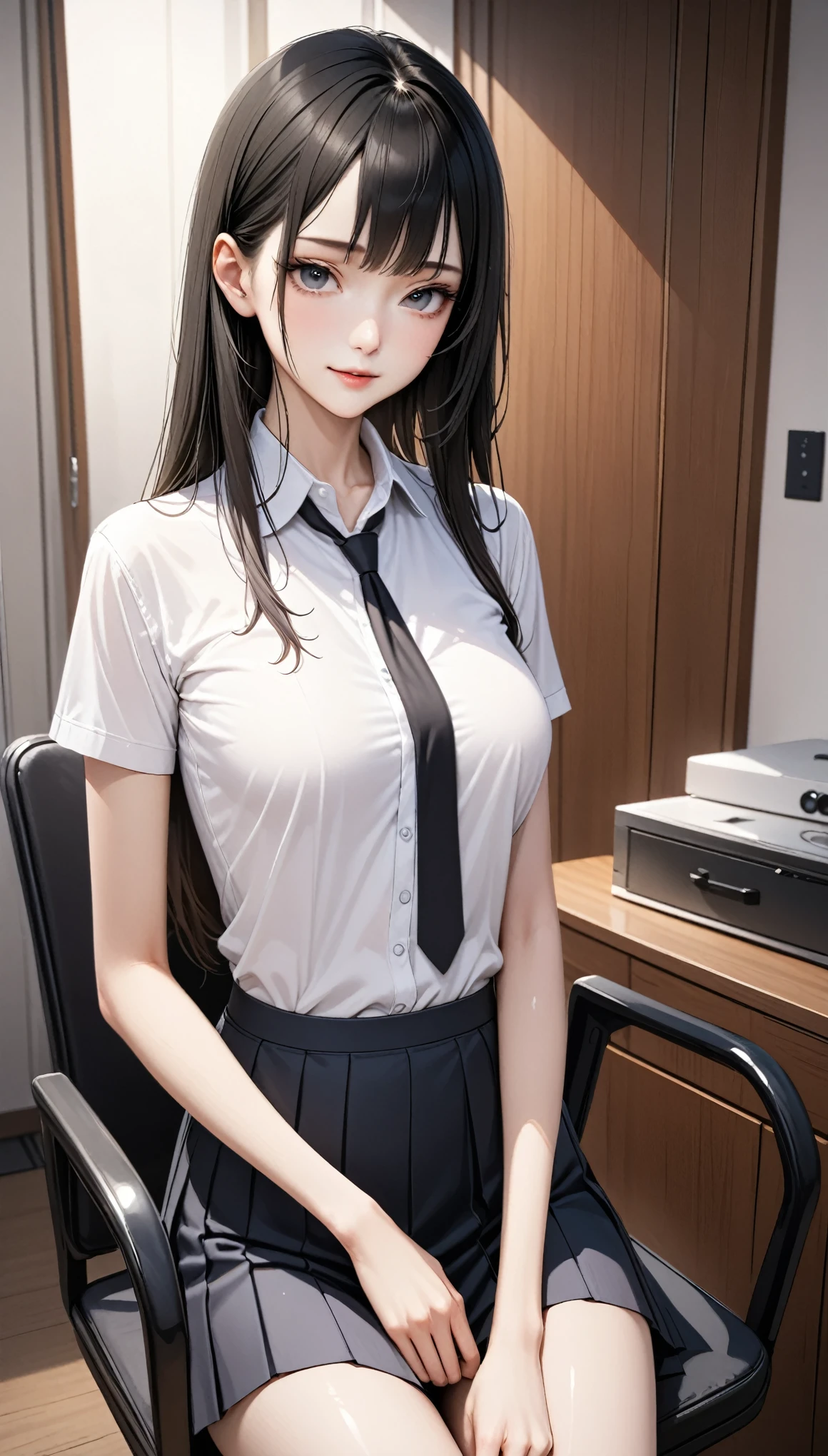 (masutepiece: 1.3), (max resolution: 1.2), (Ultra HDTV: 1.2), cinematric light, Ultra HDTV, (Detailed eyes and skin), (detailed facial features), nffsw, 8K resolution, Sharp Focus: 1.2, Perfect Style, Beautiful face, Perfect body, acurate, Anatomically correct, Highly detailed face and skin texture, Detailed eyes, Dark-blue eyes, Double eyelids, Thin eyebrows, Glitter Eyeliner: 1.2, Natural cheeks, Glossy skin, Fair skin: 1.2,  (Glossy lips: 1.4), BREAK, One-person viewpoint, (She is very cute), (Pink lace panties、Stockings), (Seductive smile: 1.2), ((a Innocent and cute girl:1.3)), (Long Wave Hair), (ligh brown hair:1.2),  (Peeking in from above: 1.2), BREAK, ((Very intimate relationships: 1.2)),  (plump big breasts:1.1), Long hair, Brown hair, Hair over one eye, Bangs, Sticking out one ear, Large shirt, Solo, Shirtless, button down, ((large full breasts:1.1)), ((Looking at Viewer:1.2)), ((s Office:1.2)), ((Bend your knees and open your legs wide:1.2)), (From Side:1.2),low  angle shot、White short-sleeved shirt、a miniskirt、Embarrassed look、sexy hips, ((At work))