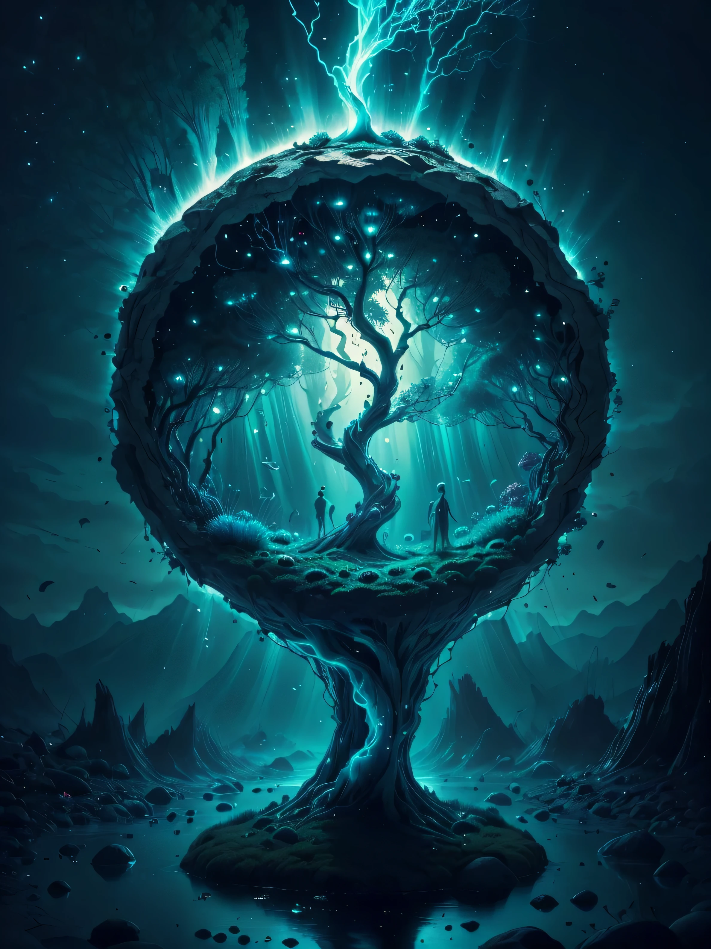 (((Masterpiece))), Best Quality, High-resolution photograph, realistic perspective, Create an abstract piece of art inspired by the quote "The wound is the place where the light enters you" by Rumi. The artwork should focus on the concept of bioluminescence to symbolize the light entering through the wound. Use glowing, organic shapes and soft, fluid forms to represent both the pain (wound) and the healing (light). The light should emerge from dark, shadowy areas, illuminating the composition in a way that feels both ethereal and transformative. Incorporate a sense of movement that implies growth or change, as if life is blooming from the darkness. (extremely intricate:1.3), 4k, 8k