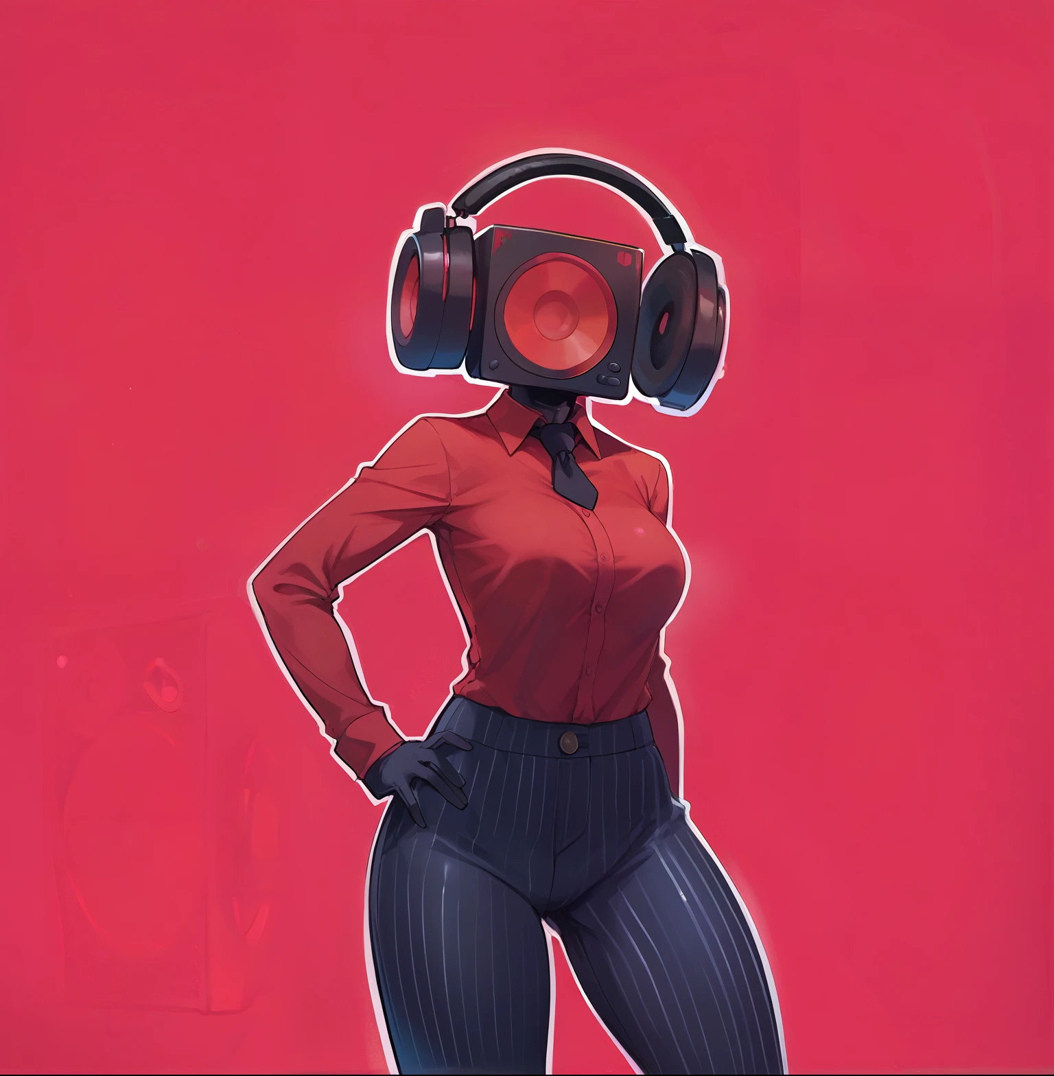 score_9, score_8_up, score_7_up, score_6_up, score_5_up, score_4_up, (1girl), (masterpiece, best quality, ultra-detailed), Speaker Woman, humanoid female with a large red speaker for a head, sleek black pinstripe suit, fitted jacket with a tie, long sleeves, form-fitting pants, confident and assertive pose, black gloves, glowing red, vibrant red background, simple lighting, dynamic composition, smooth shading, clean lines, clear focus, full-body view, robot_head_speaker, real human body, robot_head_speaker_woman, Black full body suit elegant with stripes with, Red shirt underneath, robot_head_speaker, red shirt, big headphones, Nyantcha style, GLaDOSSDXL, Glados, mechanical parts, humanoid robot, Short hair,