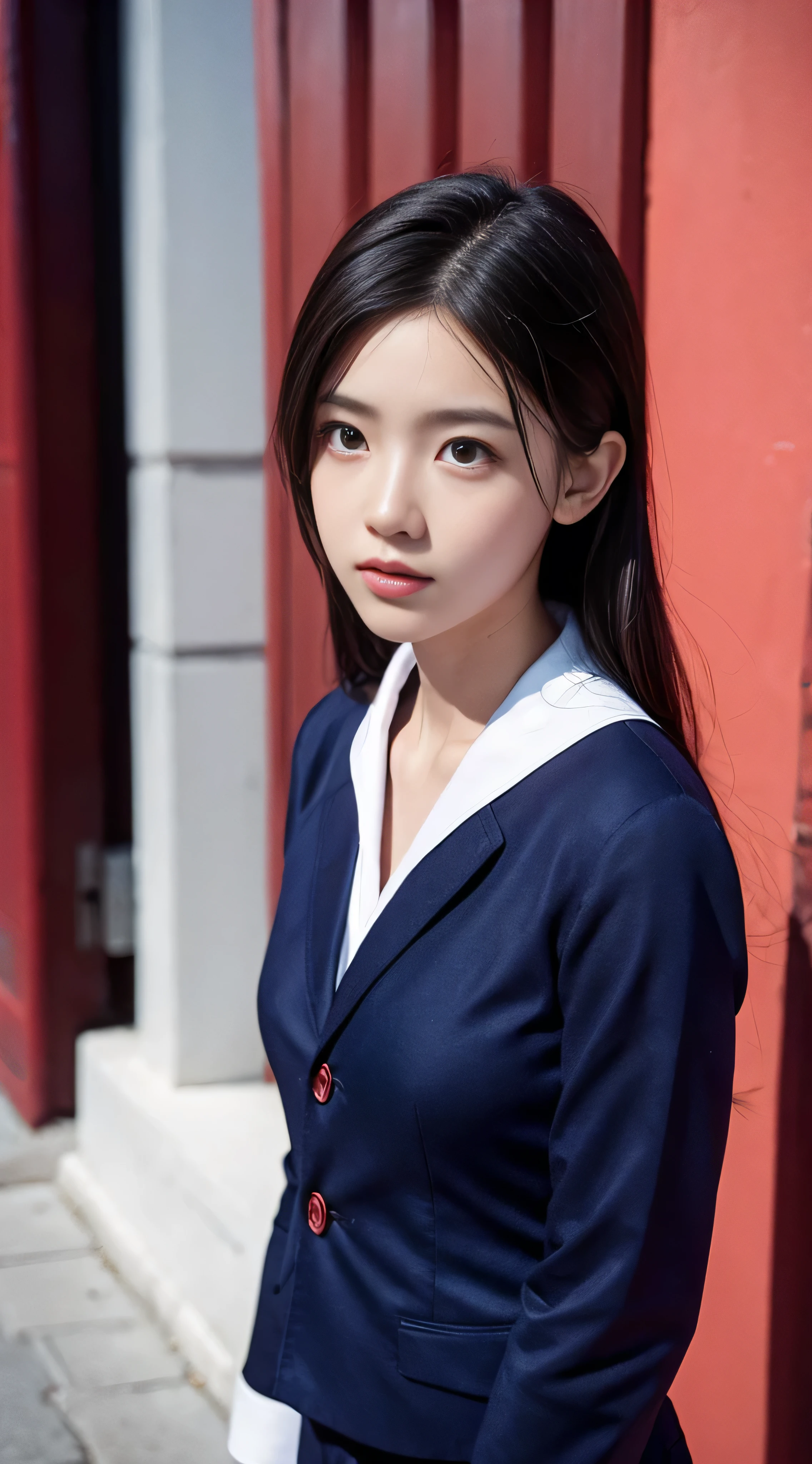 With high definition images，8k, Best Quality, masterpiece, Ultra-high resolution,A sailor suit with a red tie and navy blue top and bottom (realism: 1.4), Original photo, (Realistic Skin Textures: 1.3), (Film Grain: 1.3), (Facial details) 1 girl, 美しい目とFacial details, masterpiece, Best Quality,White satin shirt and navy blue sailor suit, The tie is red、Full body high quality images, The background watching the viewers is in front of the school gate.