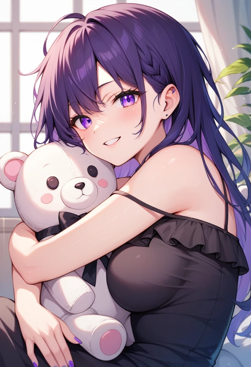 Anime illustration of a goth girl hugging a white teddy bear, Girl in off-the-shoulder black dress, Long and messy hair, She has beautiful purple eyes, She smiles shyly, Colorful fingernails, She sat in a bright room., Bright sunlight from the window, Detailed Texture, , 8k