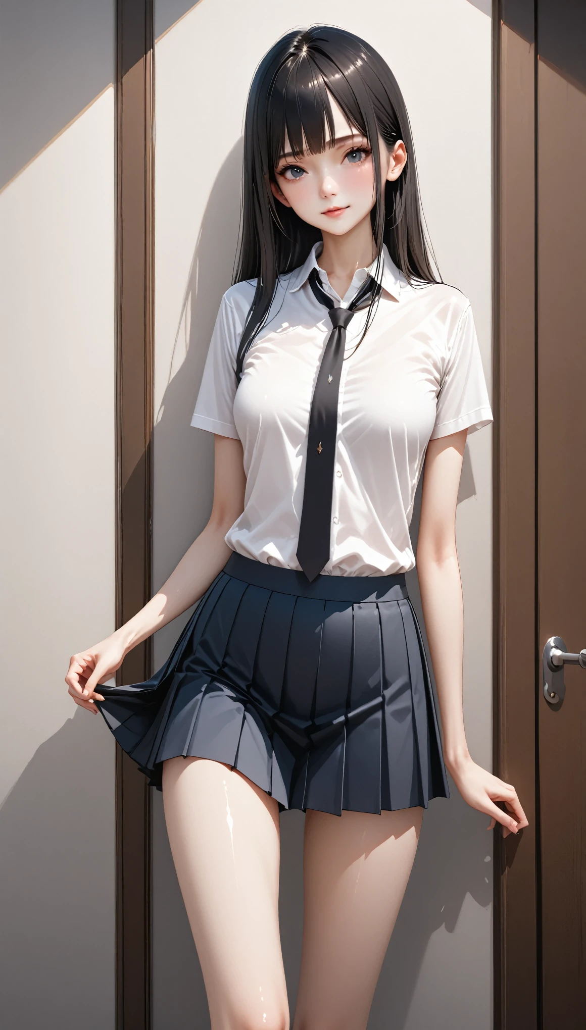 smile、((NSFW))、((camel toe))、((female organ:1.1))、(masterpiece, best image quality:1.2), 8k, 15 years old, beautiful girl, (When I lift up my short navy blue skirt, you can see her naked lower abdomen.、I can see your crotch:1.8)、short sleeveの白シャツ、cute face、 body shot、school uniform、 (navy pleated skirt:1.1)、thighs、short sleeve、sunset、orange light、Tucked up skirt