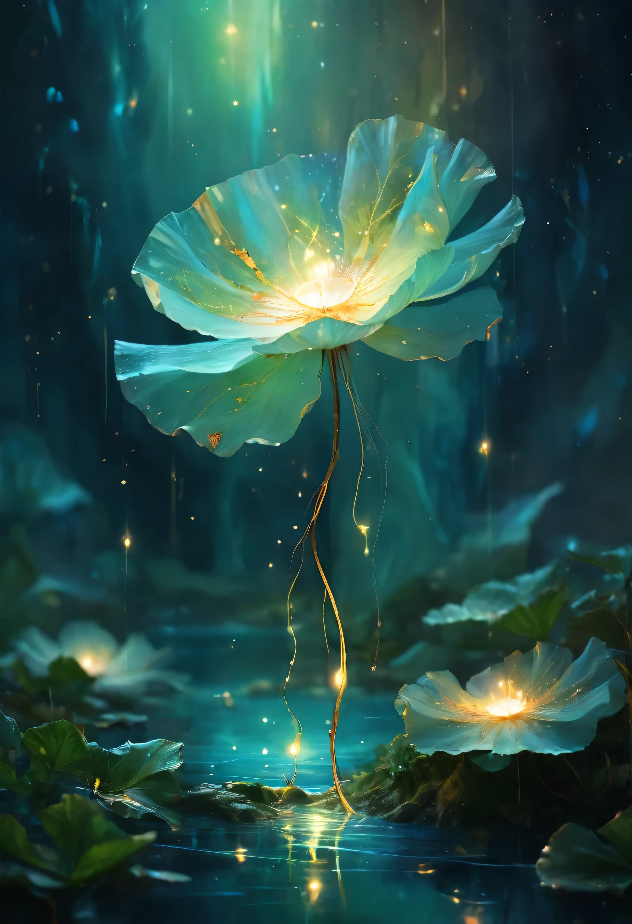 (((Masterpiece))), Best Quality, High-resolution photograph, realistic perspective, Create an abstract piece of art inspired by the quote "The wound is the place where the light enters you" by Rumi. The artwork should focus on the concept of bioluminescence to symbolize the light entering through the wound. Use glowing, organic shapes and soft, fluid forms to represent both the pain (wound) and the healing (light). The light should emerge from dark, shadowy areas, illuminating the composition in a way that feels both ethereal and transformative. Incorporate a sense of movement that implies growth or change, as if life is blooming from the darkness. (extremely intricate:1.3), 4k, 8k