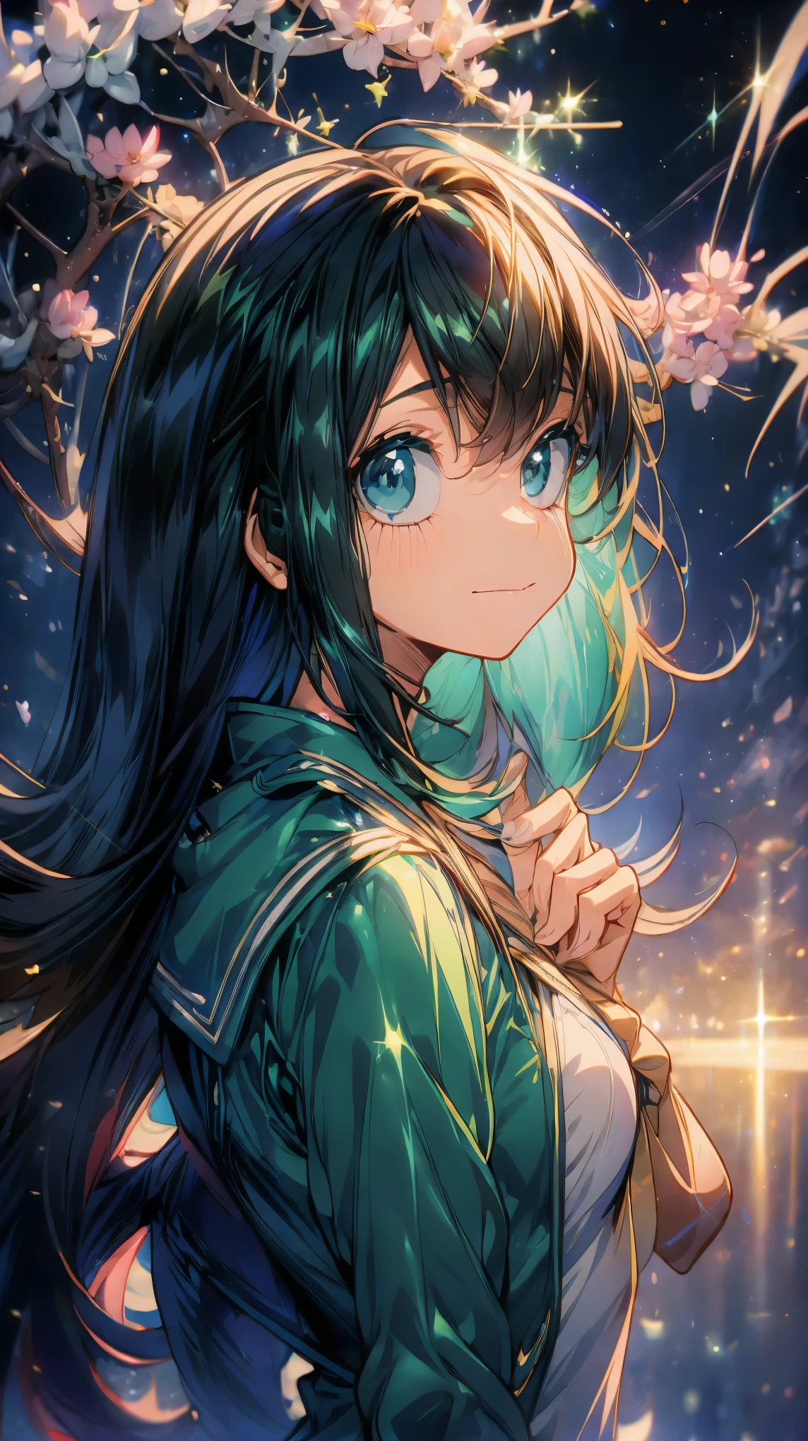 (masterpiece), 4K, Kingdom Hearts Background, Detailed Description, Shine like a star, A cold expression floating in the night sky, Watching over us, Shining Star々, Bringing Happiness,Wearing a sailor uniform, High school girl, Jewel-like green hair, Jewel-like eyes, aura, anime, Zoom out, colorful, 