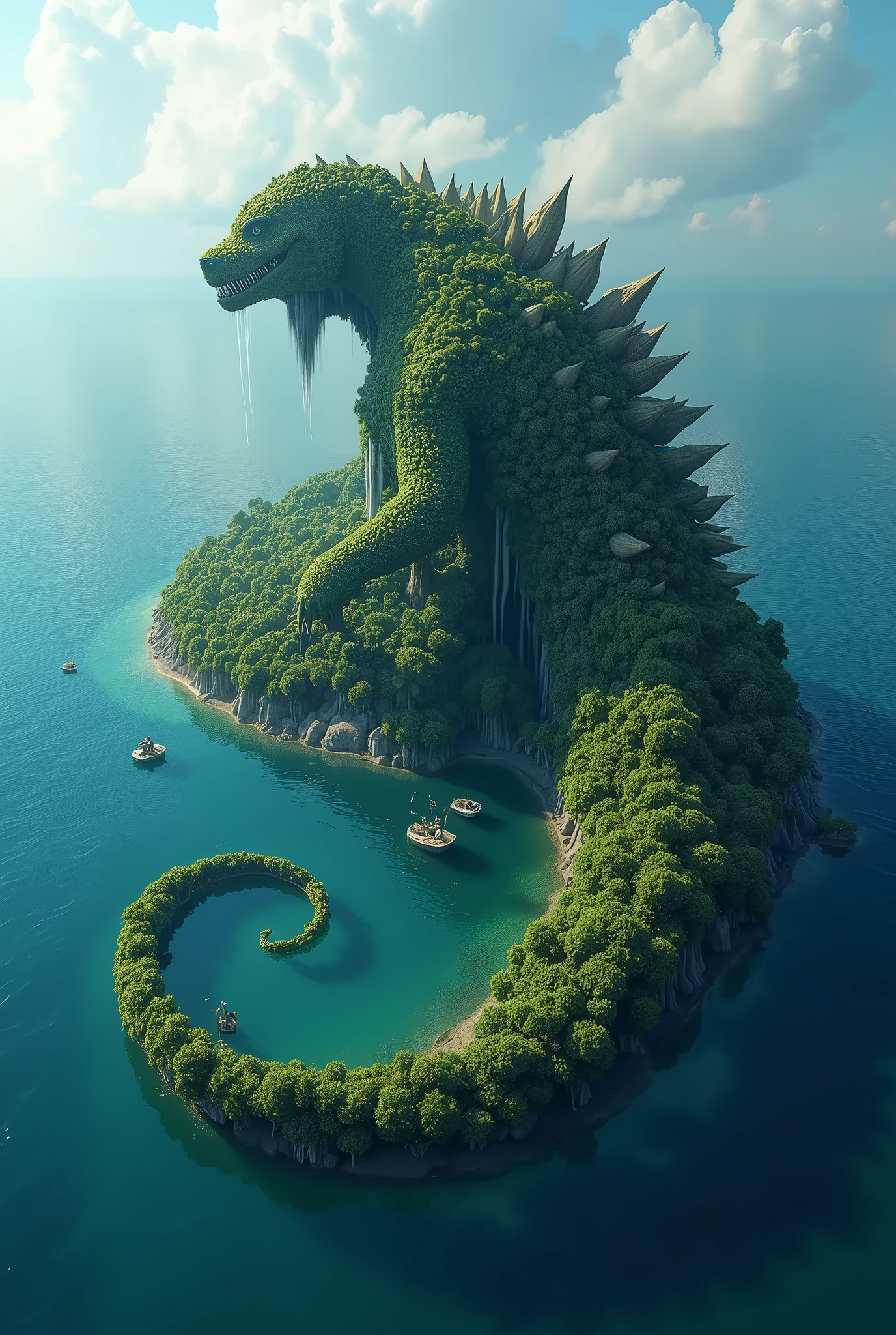 This biome is set in a world dominated by vast, shallow oceans with floating Godzilla shaped islands of vegetation that drift across the water. Here are its features: 

Geography: Location: 
Found in the temperate equatorial zone of a planet primarily covered by oceans.

 Floating Godzilla shaped Landmasses: Instead of traditional Godzilla shaped land, enormous floating mats of interconnected plant life serve as the base for all terrestrial organisms. These floating giant Godzilla shaped islands range in size from small, raft-like clusters to large, continent-sized forests. Waterfalls from the 

Sky: The floating giant Godzilla shaped collect rainwater in ponds and lakes, which occasionally overflow and cascade into the ocean in stunning waterfalls. These waterfalls provide hydration to oceanic life below and help maintain the water cycle. Only one island 