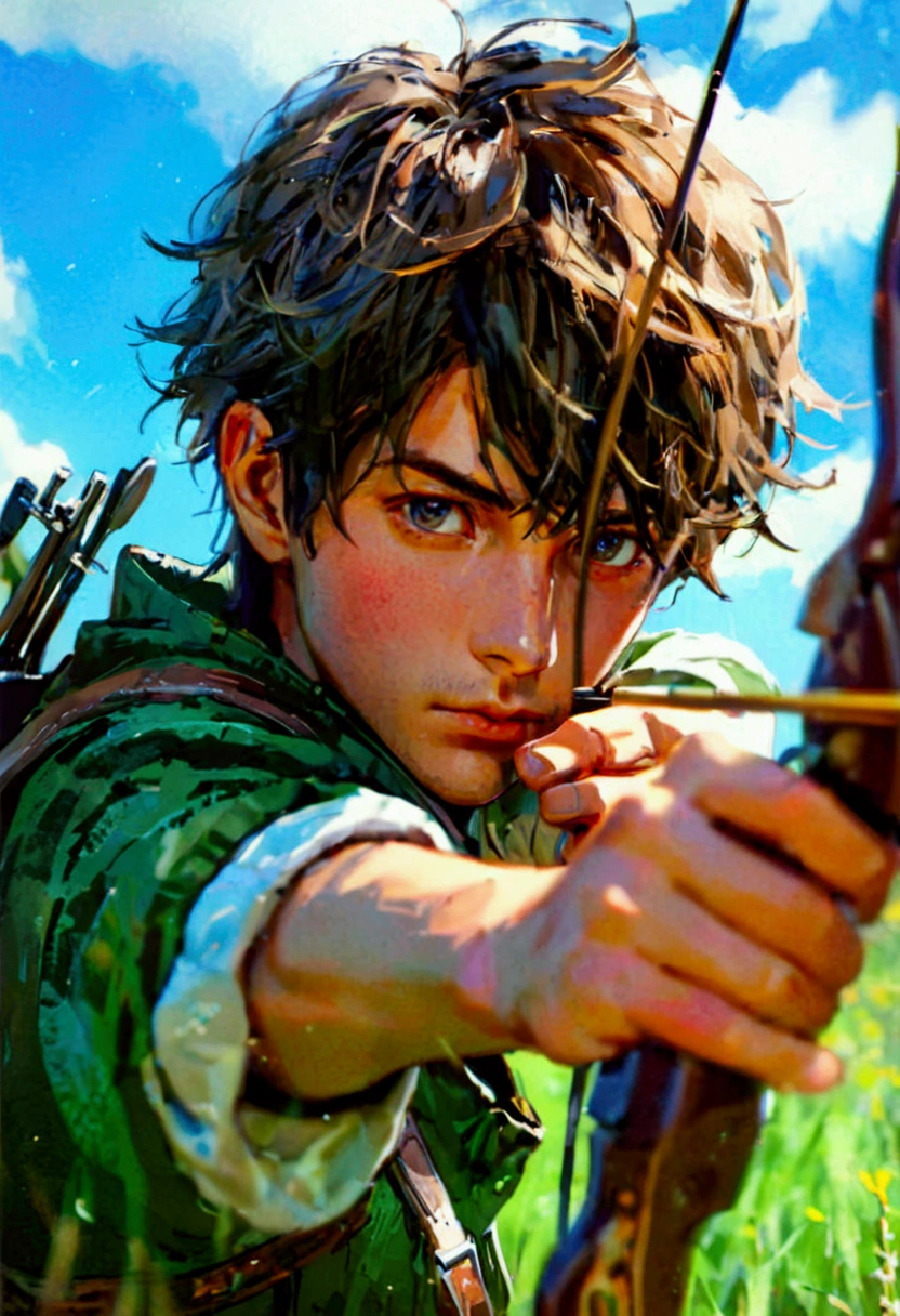 masterpiece 1.4、cinematic, Detailed Contents、Live photo 1.4, perfect shading, (best quality) , green meadow, blurred background, blue sky, young guy with a crossbow, hunter&#39;s clothing