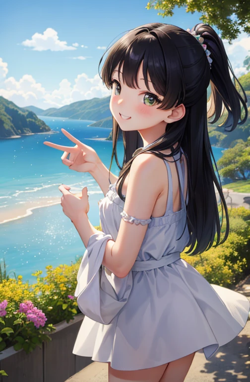 masterpiece、Best Quality、Ultra HD、High resolution、Transcendental Tech Illustrations、Perfect Anatomy、8k、a beauty girl、smile、、Cute hairstyle、A dark-haired、Beautiful views