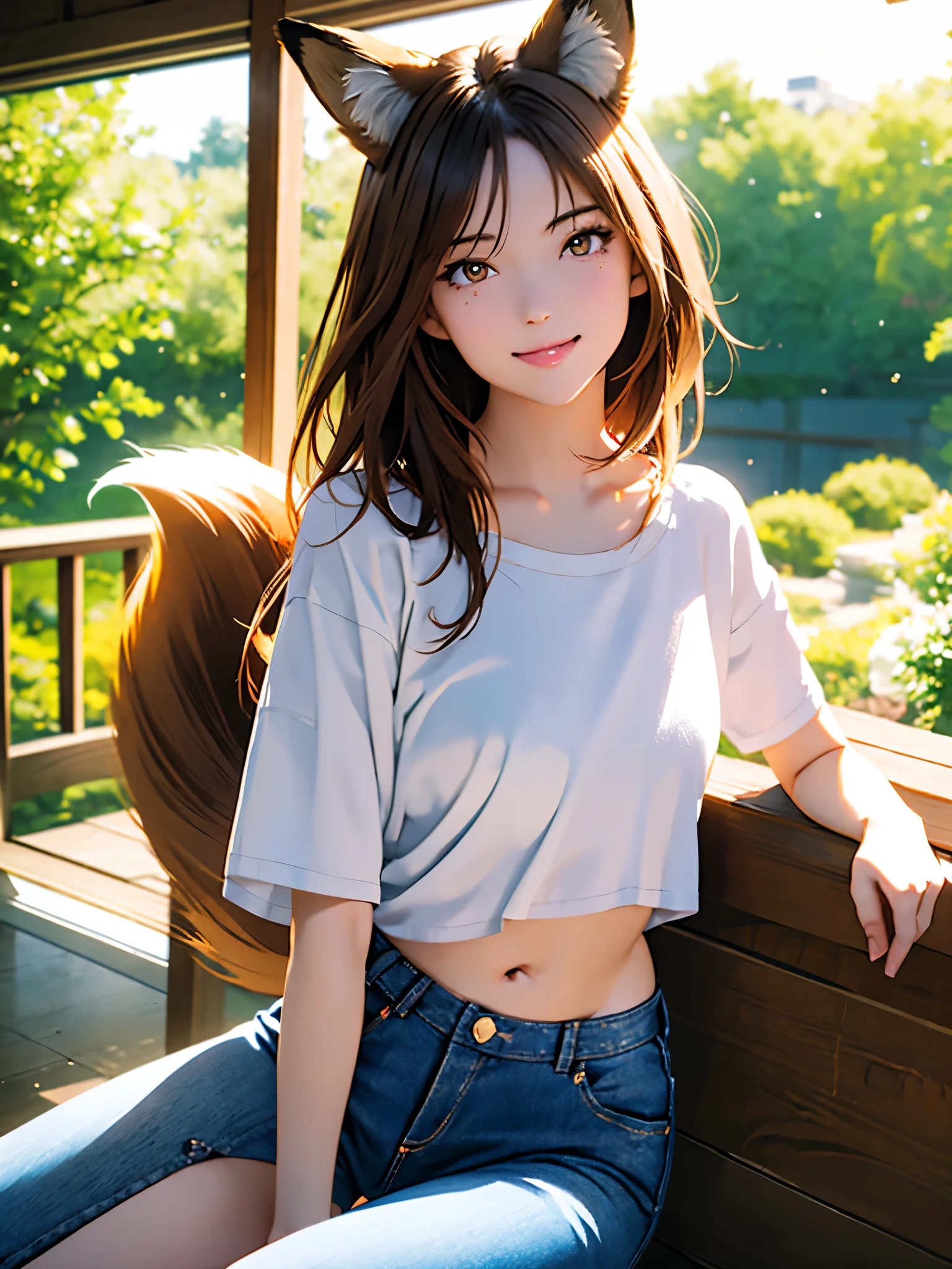 High resolution, 8k, Best Quality, detailed, Semi-realistic anime, 3D anime style, Smooth anime CG, One Girl, 20 year old Japanese woman, slim, Modeling, Shiny brown hair, detailedな顔, Beautiful and detailed, Glowing Skin, Hard Focus、Film Grain, Soft Lighting, Watch the audience, Laughter,Woman with fox ears, Female tail, Beautiful woman, garden、Veranda、Sunbathing, Only one tail, She has thick thighs, Her big fox tail, I can see her fox tail, She wags her tail, With collar, She is wearing short denim pants, Big Hips , Her fox tail is sticking out, Her tail is fox-colored, smile