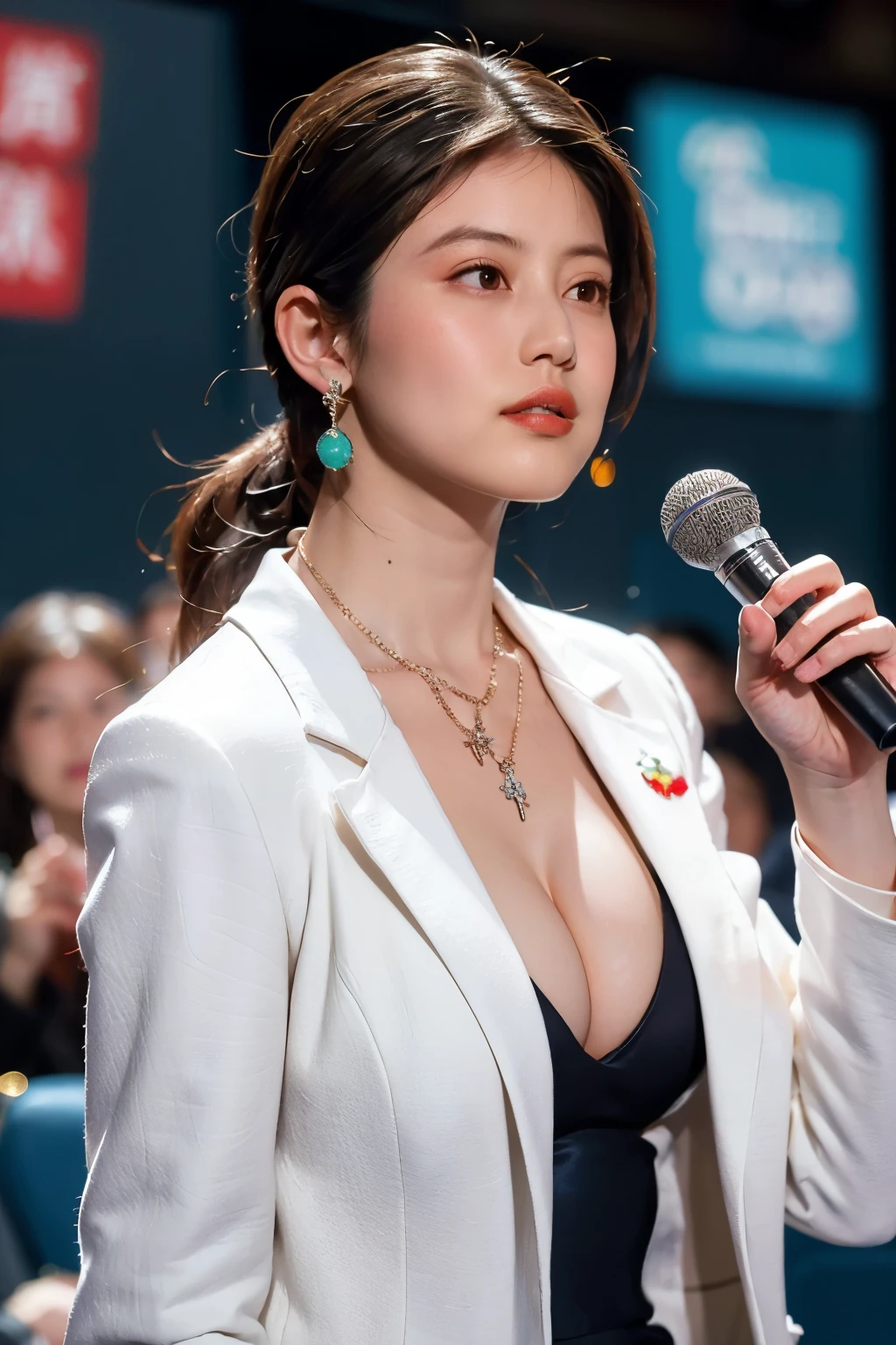 High resolution、masterpiece、Textured skin、high quality、sexy, (SFW1:0), 超High resolution、politician, Very detailed、woman、(Big Breasts:1.1)、(Cleavage:1.2), (sagging breasts:1.0), Perfect Style、white jacket, suit, necklace, earring, parliament badge,(talking with microphone) , (background: International Conference), (upper)