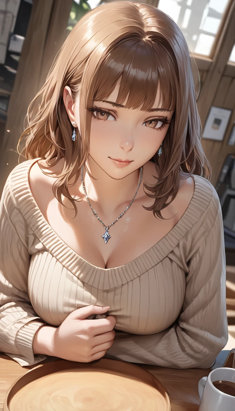 (Tabletop, Please redeem, High resolution, , Pixel Perfect, 4K,), 1 girl, single, Alone, Beautiful woman、I could see the whole body、 ((Wavy medium length hair, bangs, Brown Hair)), ((Brown eyes, Beautiful eyelashes, Realistic eyes)), ((Detailed face, :1.2)), ((Smooth texture:0.75, Realistic texture:0.65, Realistic:1.1, Anime CG Style)), Medium Chest, Dynamic Angle, Perfect body, female teacher, Earrings、necklace、Beige off-the-shoulder sweater、Long pleated skirt、Black knee-length stockings、Pink lace panties、A shy smile, Excellent、Bring your arms together to accentuate your chest、