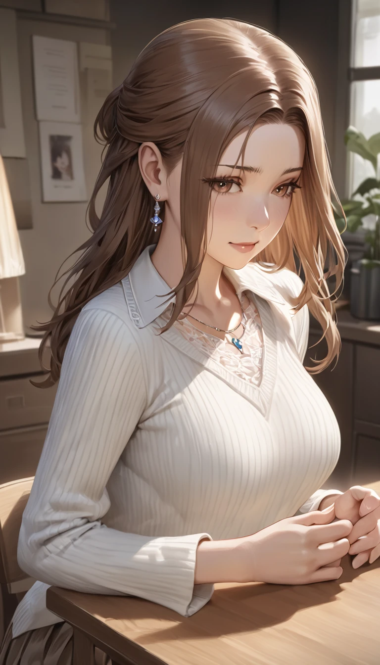 (Tabletop, Please redeem, High resolution, , Pixel Perfect, 4K,), 1 girl, single, Alone, Beautiful woman、I could see the whole body、 ((Wavy medium length hair, bangs, Brown Hair)), ((Brown eyes, Beautiful eyelashes, Realistic eyes)), ((Detailed face, :1.2)), ((Smooth texture:0.75, Realistic texture:0.65, Realistic:1.1, Anime CG Style)), Medium Chest, Dynamic Angle, Perfect body, female teacher, Earrings、necklace、Beige off-the-shoulder sweater、Long pleated skirt、Black knee-length stockings、Pink lace panties、A shy smile, Excellent、Bring your arms together to accentuate your chest、