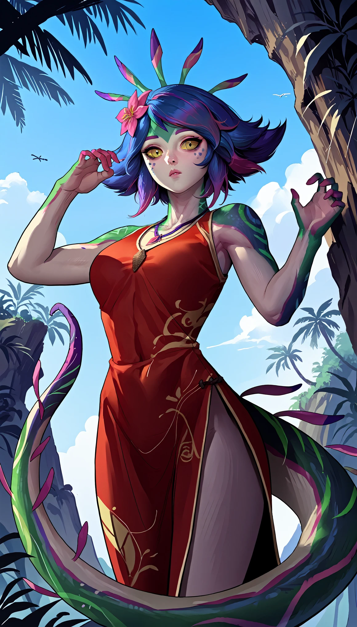 (zPDXL2), (PonyXLV6_Scores), source_anime, source_anthro, source_furry, Expressiveh, solo, three-quarter portrait, rating_safe, looking at viewer, asymmetric image BREAK
masterpiece, best quality, 1girl, stanley lau neeko, colored skin, multicolored hair, hair ornament, hair flower, necklace, sexy traditional red chinese dress , lizard tail, facial mark, forehead mark, shy, from below, jungle, spinning, spinning around self, posing, fashion posing, cliff, blue sky, hands pose, hands on air
