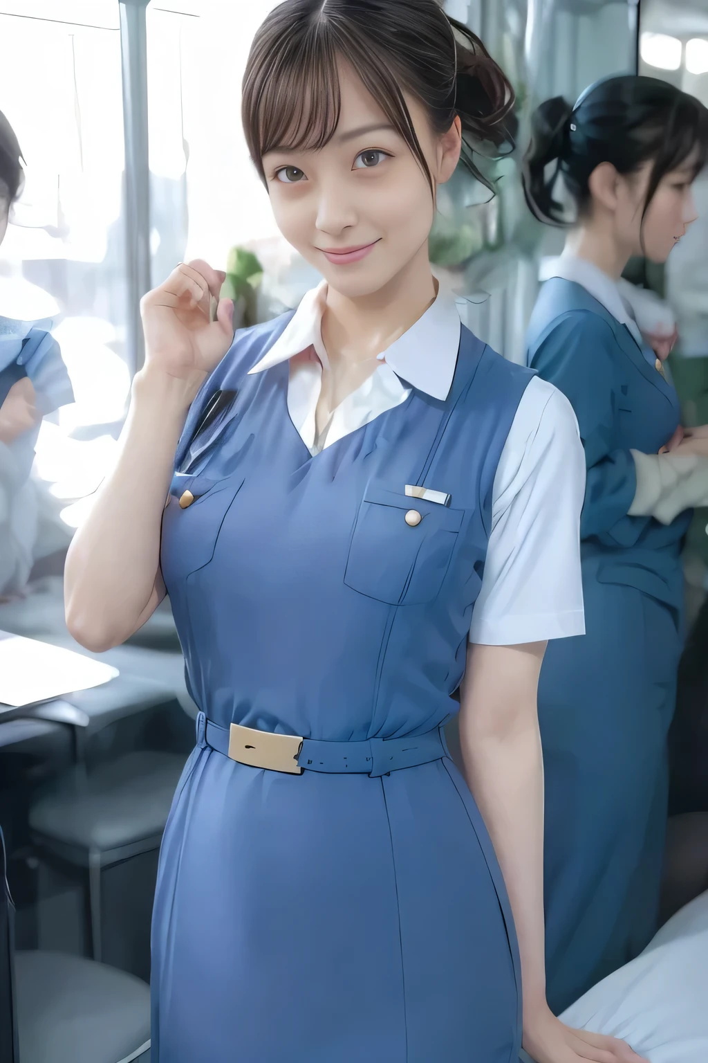 (masterpiece:1.2, Best Quality:1.2), 32K HDR, High resolution, (Alone、1 girl)、（On the roof of a building during the day、Professional Lighting）、Building rooftop background、（Real style wearing Japan air system cabincrew uniform blue）、（（Japan Air System cabincrew uniform blue jumper skirt with pockets on both sides、Japan air system cabincrew uniform blue jumper skirt with buttons on the pocket、White short sleeve blouse 、 Light blue vest around waist、Scarf around the neck））、Dark brown hair、（Long Hair、Hair tied up、Hair tied up）、Dark brown hair、Long Shot、Big Breasts、Thin legs、（（Great hands：2.0）），（（Harmonious body proportions：1.5）），（（Normal limbs：2.0）），（（Normal finger：2.0）），（（Delicate eyes：2.0）），（（Normal eyes：2.0））)、smile、（Japan air system cabincrew uniform blueを見せた美しい立ち姿）、Hands clasped underneath
