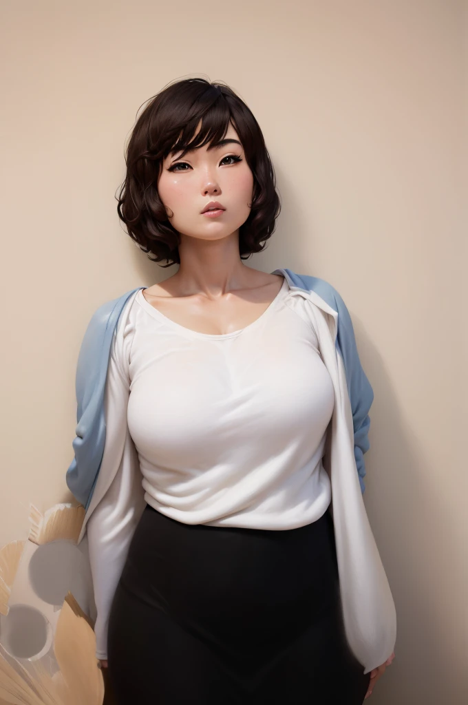 professional illustration of beautiful Asian woman with black eyes, elegant,female teacher in blouse and long skirt, in white background,(huge public hair:1.4),skinny body,slender body,standing ,smile,short hair, ((small breasts)), looking at viewer,  onoff,ultra detailed, best quality,aesthetic ,museum quality, award winning, exquisite detail, breathtaking composition, masterful brushwork, striking contrast, flawless anatomy, meticulous rendering,extraordinary lighting,striking contrast,impeccable proportions,exceptional craftsmanship,sublime artistry,captivating atmosphere,mesmerizing elegance,sophisticated style,(masterpiece )
