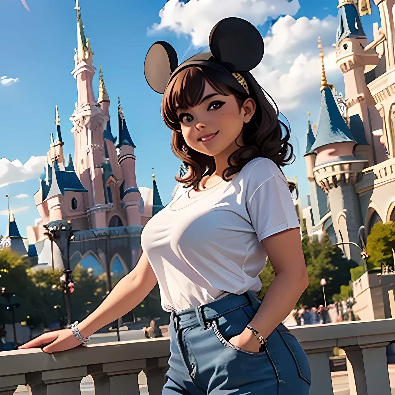 Sunny day in front of Cinderella Castle at Disneyland Paris. Spotlight, A curvy 30 years old latina girl, curly short brunette, wearing casual sexy clothes and a mickey mouse ears headband, poses for the viewer.