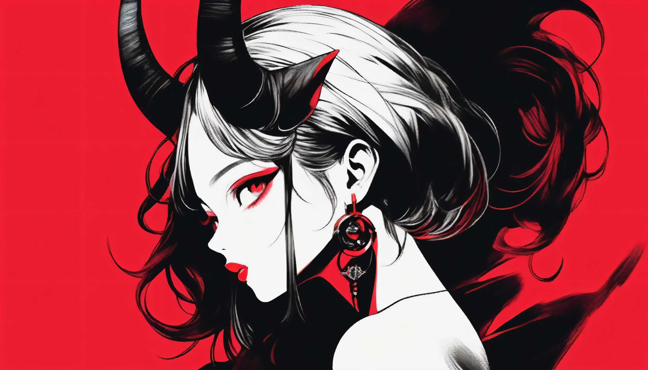 A girl with long loose black hair, crimson red eyes. Deep red lipstick, red eye shadow , portrait, very big breasts, demon, with geisha clothes , big breasts, (arms behind back), A girl with long loose black hair, crimson red eyes. Deep red lipstick, red eye shadow , very big breasts, black demon horns, upper body with geisha clothes , big breasts, portrait, Masterpiece, Best quality, gif,1 girl, Solo, Natural skin texture, Realistic black eyes and facial details :5),(Dark :1. 4), Deep shadows, Extremely detailed beauty, Detailed eyes and face, sharp black eyes, Red lipstick, No black eyeliner, Detailed Gothic costumes, pony tails, Black hair, nikon d850 film, Surreal, Authentic textures, Dramatic, lighting, illusory engine, (facial clarity :1). 5), (Transparent clothes :1); 1) Gothic style, Black lace, tattoo. Japanese girl with more or less long black hair with bangs and red highlights, e sexy, Lady,Red hair,dress,beautiful,anime,tattoo, face portrait, close up, big beautiful detailed eyes, ulzzang, art nouveau, candy, sweets, tattoo background pattern, tapestry, backlit, neon palette, red eyes,