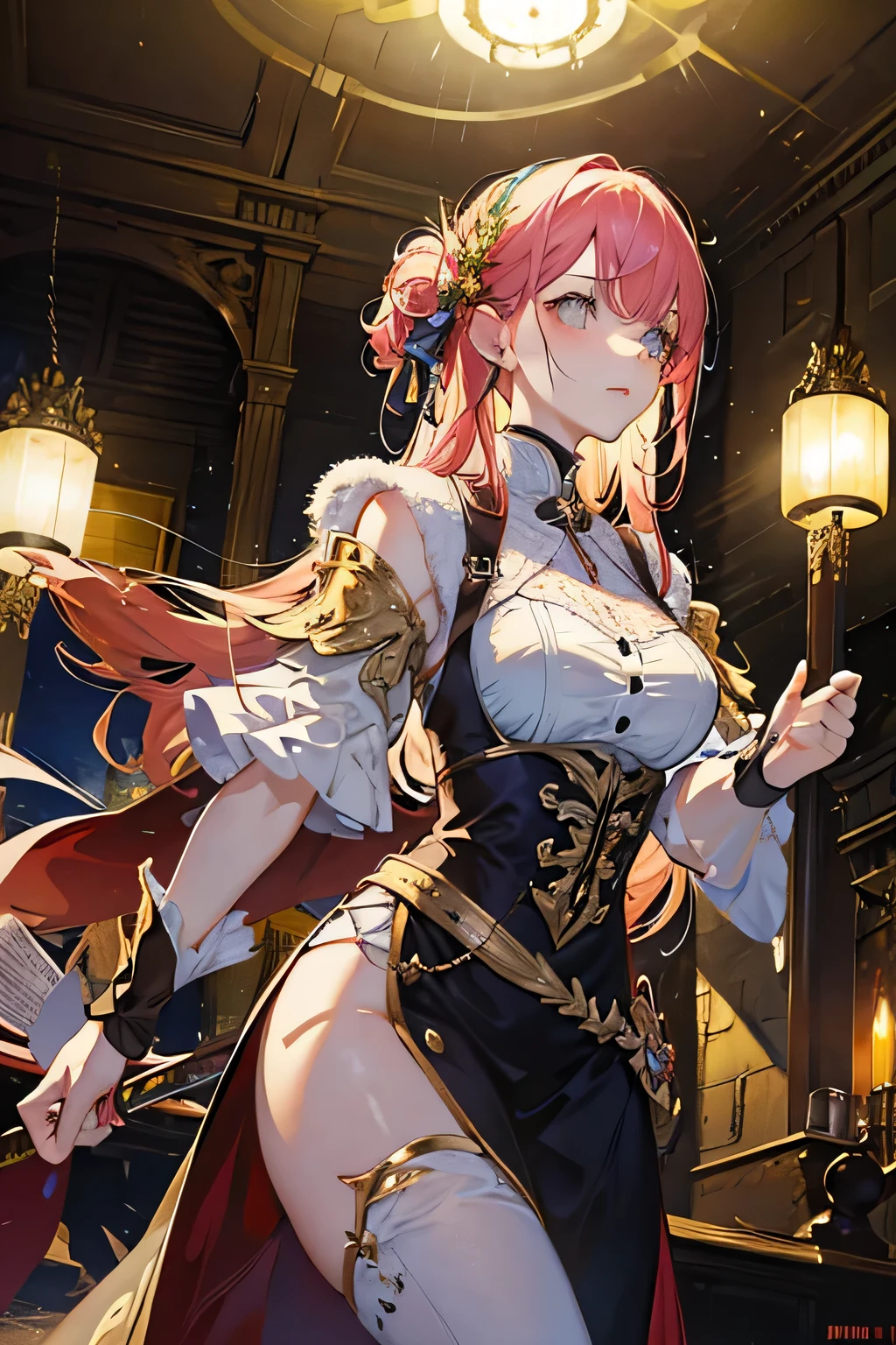 Masterpiece, best quality, highest quality, super detailed, high resolution, super high resolution, soft colors,
Girl,  steampunk dress, ((steampunk)), dynamic pose, pose with movement, ,rias gremory, ahoge, large breasts, wide hips, thighs, mature female