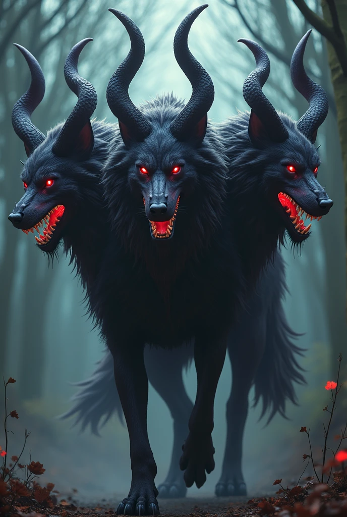 <hypernet:GrimForge:1> A hellhound prowling in a dark forest, its eyes glowing with infernal fire