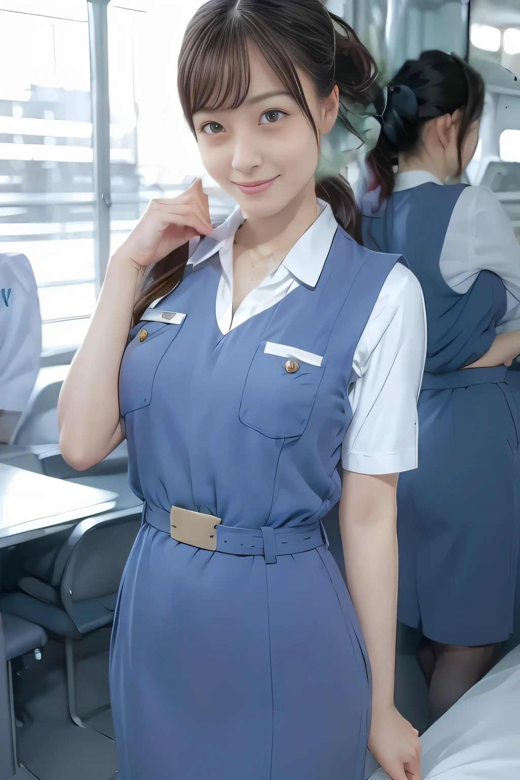 (masterpiece:1.2, Best Quality:1.2), 32K HDR, High resolution, (Alone、1 girl)、（On the roof of a building during the day、Professional Lighting）、Building rooftop background、（Real style wearing Japan air system cabincrew uniform blue）、（（Japan Air System cabincrew uniform blue jumper skirt with pockets on both sides、Japan air system cabincrew uniform blue jumper skirt with buttons on the pocket、White short sleeve blouse 、 Light blue vest around waist、Scarf around the neck））、Dark brown hair、（Long Hair、Hair tied up、Hair tied up）、Dark brown hair、Long Shot、Big Breasts、Thin legs、（（Great hands：2.0）），（（Harmonious body proportions：1.5）），（（Normal limbs：2.0）），（（Normal finger：2.0）），（（Delicate eyes：2.0）），（（Normal eyes：2.0））)、smile、（Japan air system cabincrew uniform blueを見せた美しい立ち姿）、Hands clasped underneath