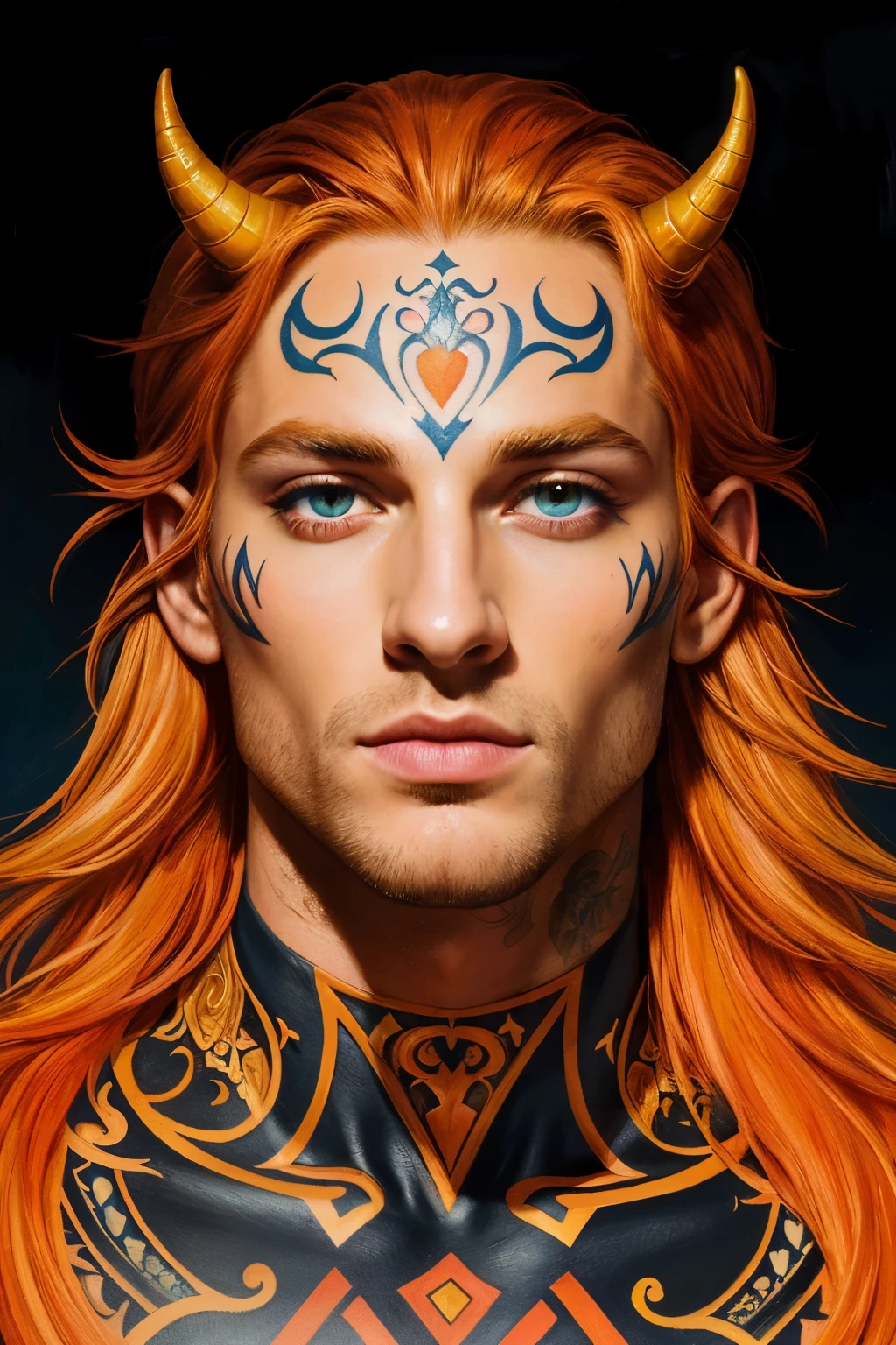 (((Masterpiece))), (((Best Quality: 1.4))), ((Super Detail: 1.4)) , hyper detailed gouache painting of a male Tiefling, gorgeous exotic features, amber neon eyes:1.5,  orange hair, hyper detailed face features, expressivo face, detailed textures, blue skintone, tattoos, natural skin shader, volumetrics, warm undertones under his skin, ultra High resolution