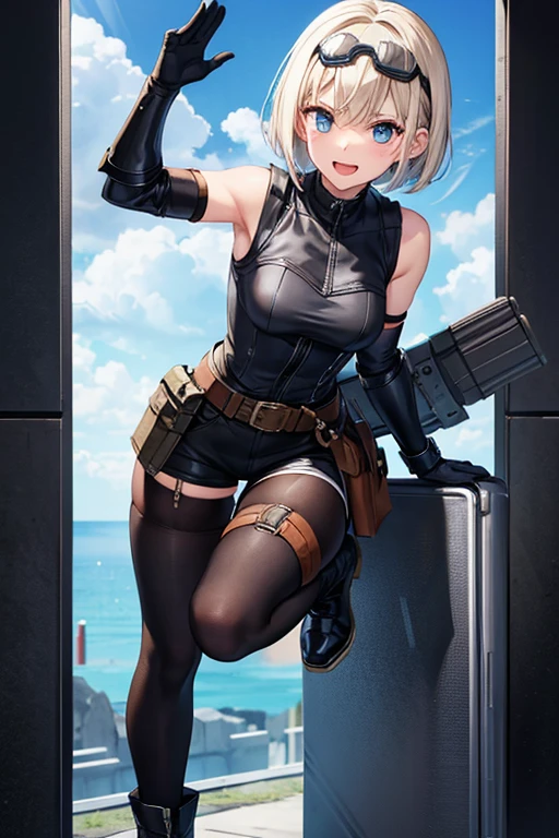 (Highest quality, 8k, Ultra-high resolution:1.2), ((((From below, Cell Ring, foreshortening)))),Aya Brea,1 Female,30 years old,一人in,chest,Looking_in_Audience,blush,short_hair,blond hair,(thick thighs),前hair,green_eye,Holding,chestの谷間,Moderate_chest,Are standing,clavicle,full_body,arms ,Outdoor,Broke up_lips,Open_Clothes, (panties_shot),break,((Black socks Calf socks Mid-length socks)), Wear with socks or boots,((The socks are sticking out a little from the boots)), Mid-sized brown lace-up boots,belt,Holding_gun,black front zip short dress,Open_Jacket,gun,thigh_strap,green_denim_Jacket,Holding_gun,street,denim_Jacket