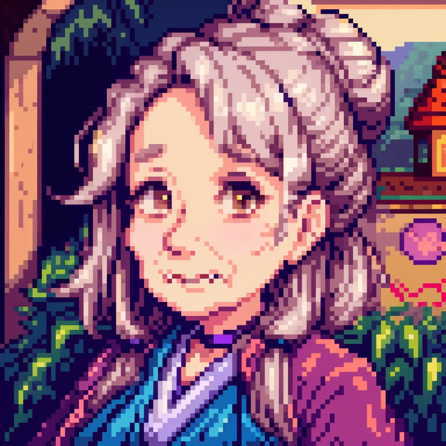 ((stardew valley like pixel-art portrait)) of a ite, elderly woman with silver hair tied in a neat bun. She has a warm, chubby, kind face with gentle wrinkles, deep brown eyes, and wears simple, elegant robes in shades of blue and violet, (detailed), ((masterpiece))