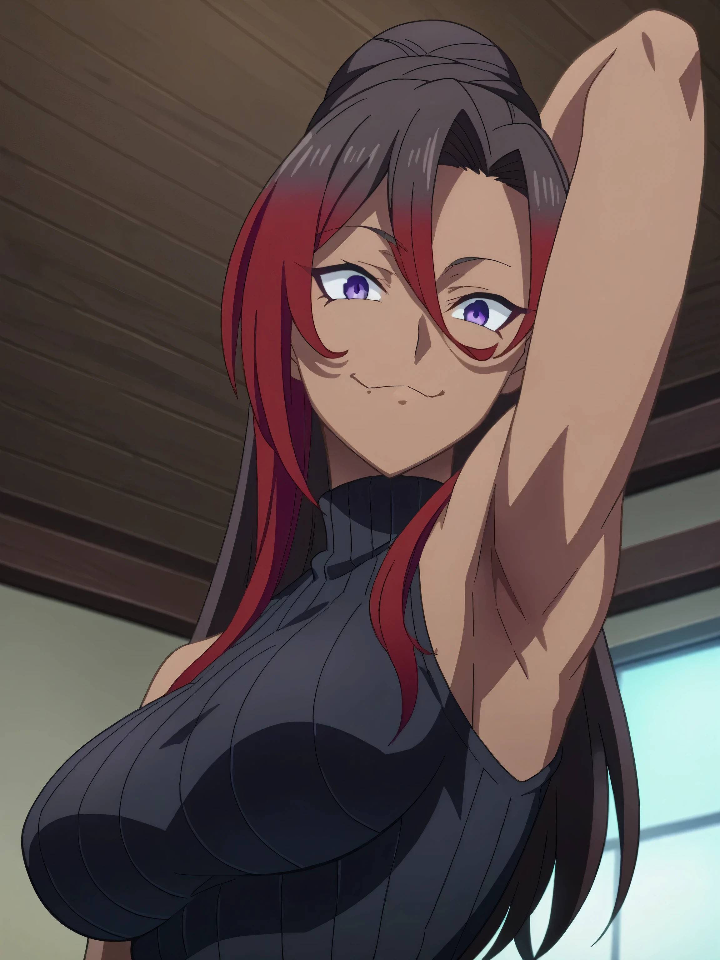 score_9, score_8_up, score_7_up, source_anime, anime screencap, 1girl, solo, indoors, dark room, dark, lights off, feminine, yoru, scar on cheek, cross scar, long hair, black hair, yellow eyes, ringed eyes, glowing eyes, feminine, black hair, sweater, ribbed sweater, ribbed, turtleneck, turtleneck sweater, (black sweater:1.1), sleeveless sweater, bare shoulders, bare arms, looking at viewer, eye contact with viewer, facing viewer, evil smile, smug, closed mouth, arms behind head, armpits, in the center, symmetrical,