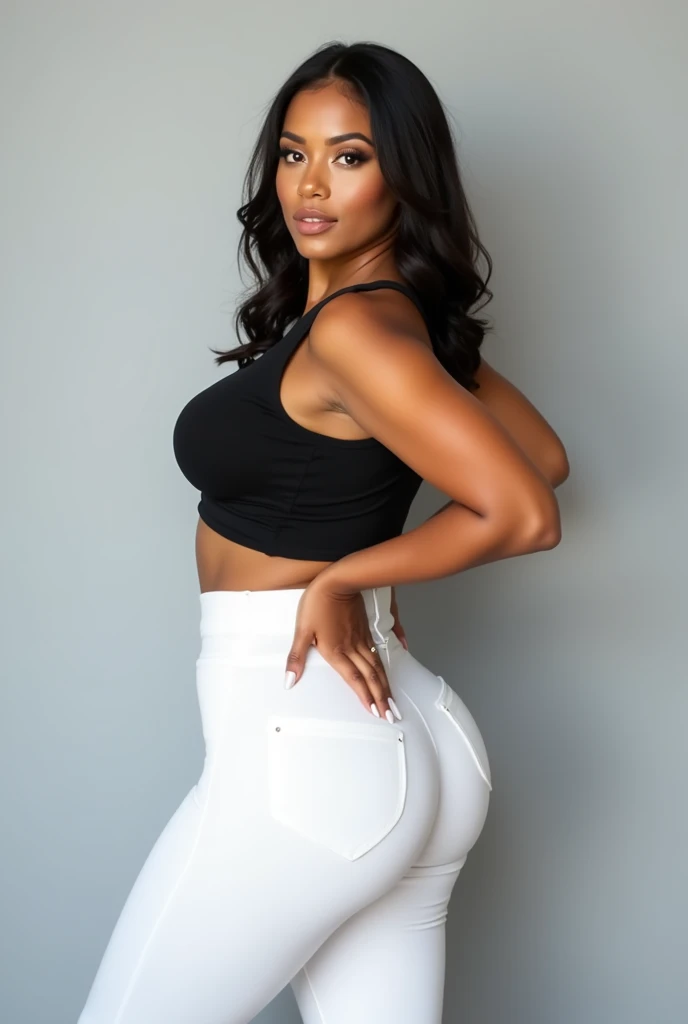 A very beautiful woman in a black top and white pants posing for a ...