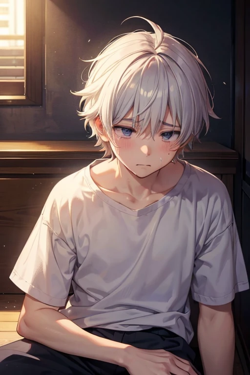 (anime style + soft moe) A cute and weak boy with white hair and a white shirt, he has a sad expression and sits on the ground crying. The picture style is fresh and simple, rendered like a comic, and the lens is displayed as a distant view,