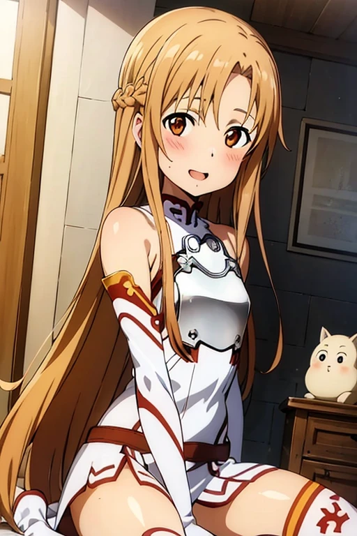 ((Best Quality)), ((masterpiece)), (be familiar with), Perfect Face, indoor, bedroom, Watching the audience,
One woman, Yuuki Asuna,
Open Mouth, Ecstatic expression, blush, smile,
Small breasts, Flat Chest, , , , Girl,
Long Hair, Long Hair,
Leg spread,